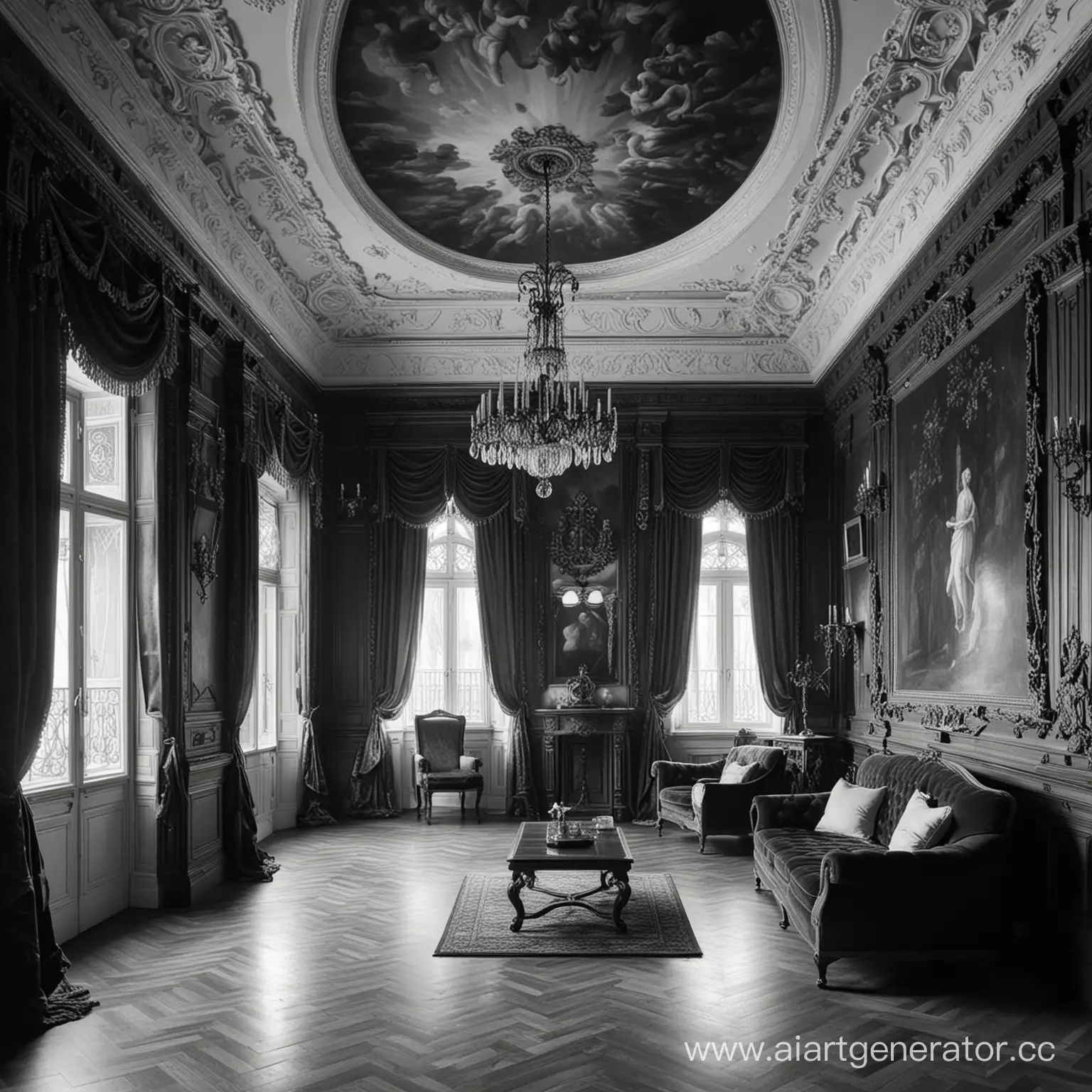 Интерьер комнаты в черно-белом цвете в стиле ренессанса 