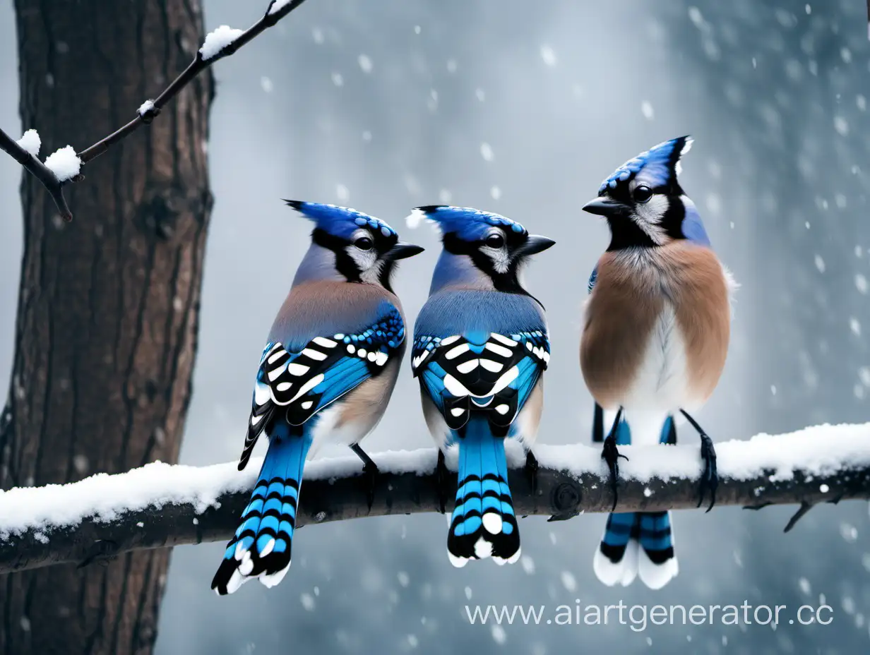 две птицы сойки сидят на ветке в парке зима идёт снег