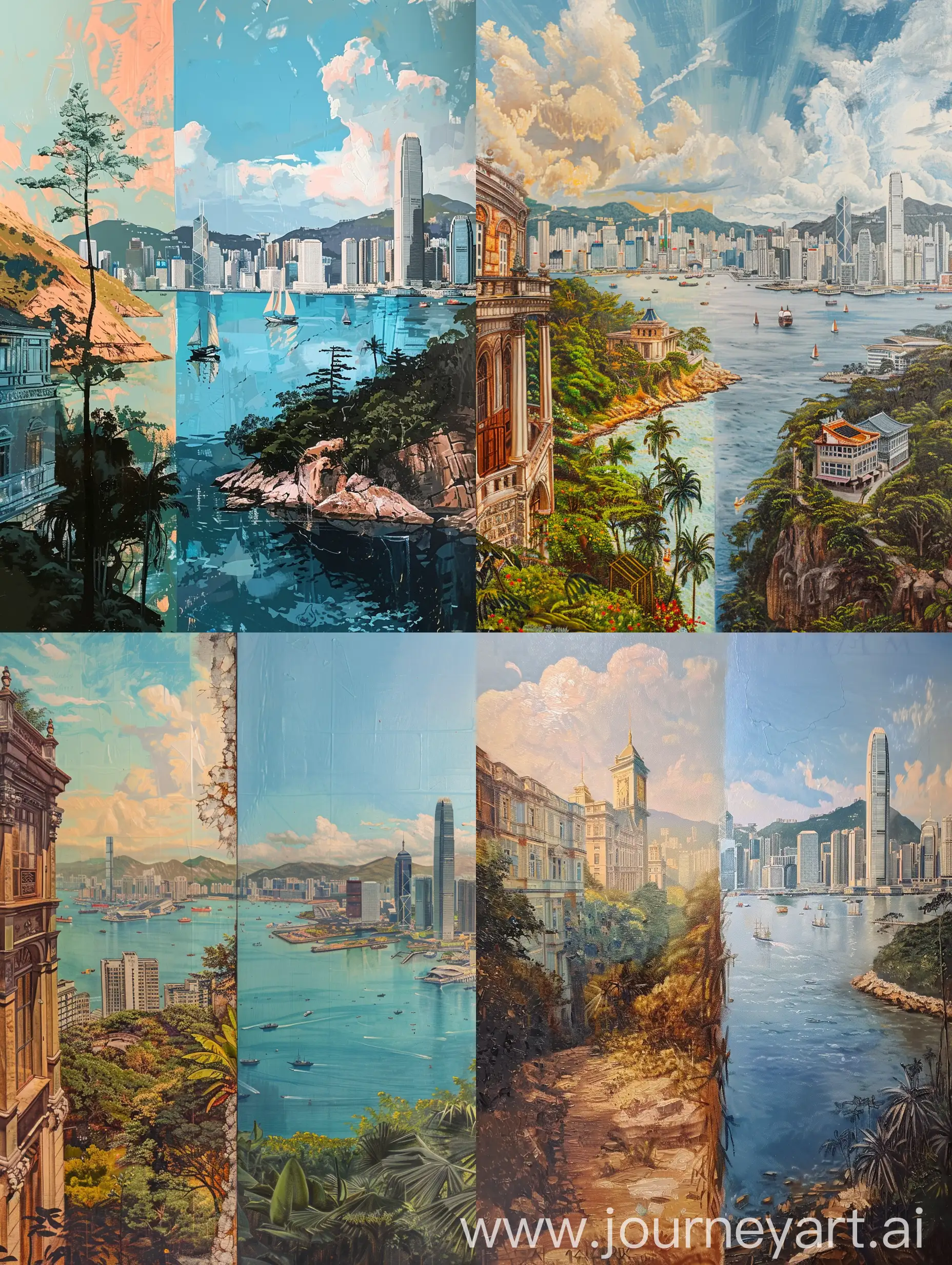 Generate an oil painting based on a landscape of the city of Hong Kong. The landscape in the artwork has a colonial style on the left and a modern Hong Kong view on the right