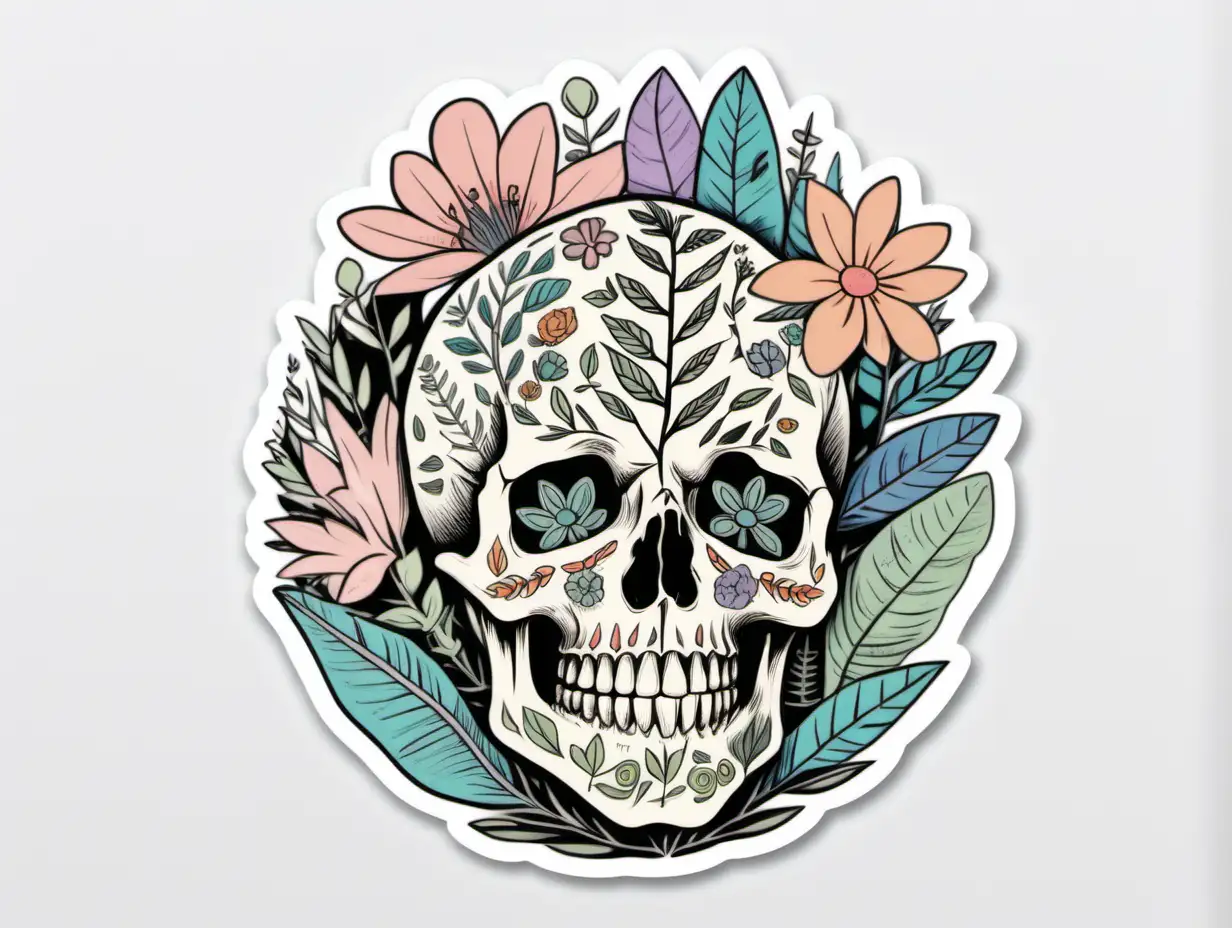 Joyful Botanical Skull Sticker in Pastel Art Brut Style