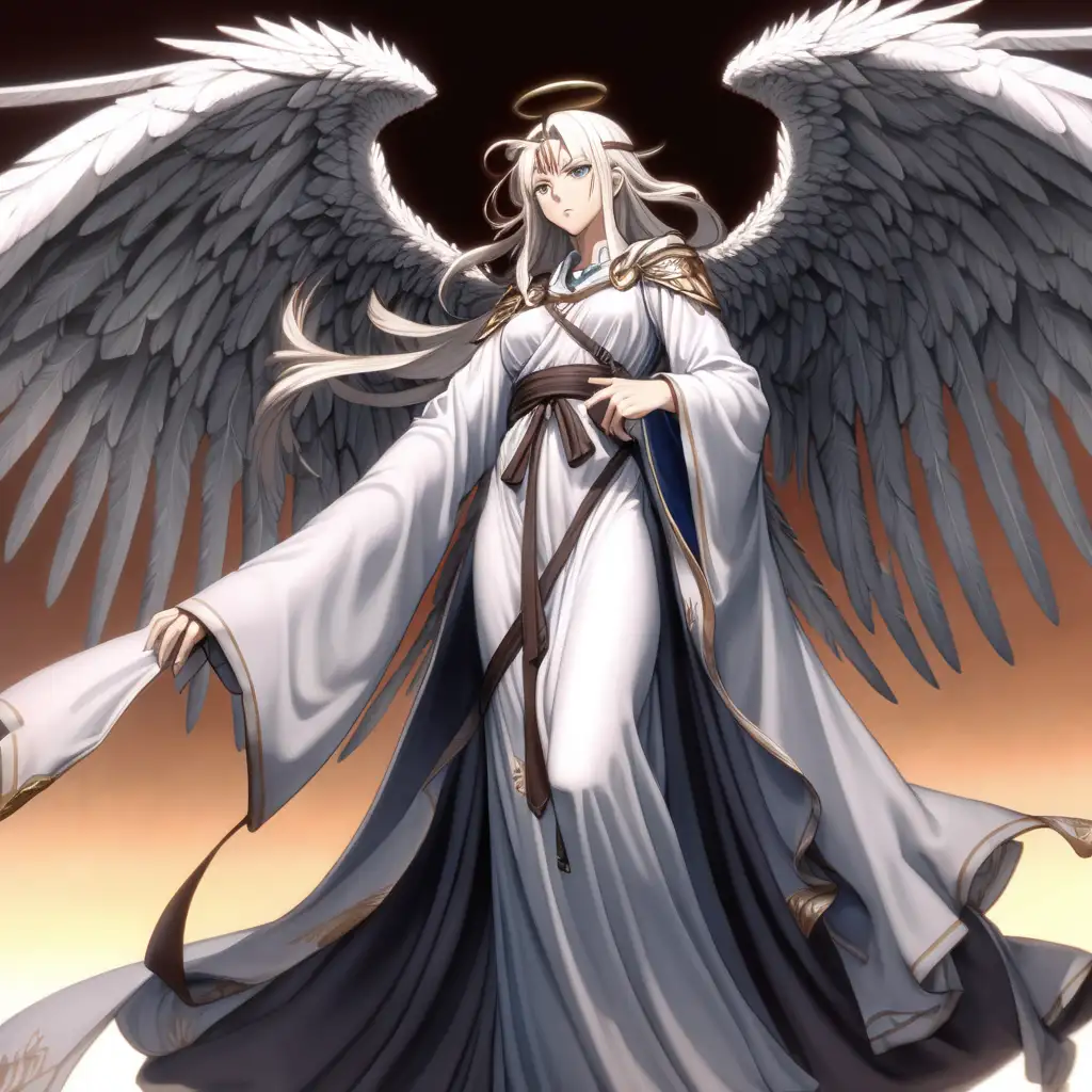 anime angel woman, motherly, tall, large, brutal expression, buff, angry, many wings, eldrich, evil, horror, dynamic pose, full body, wearing robes, aged, looking over shoulder