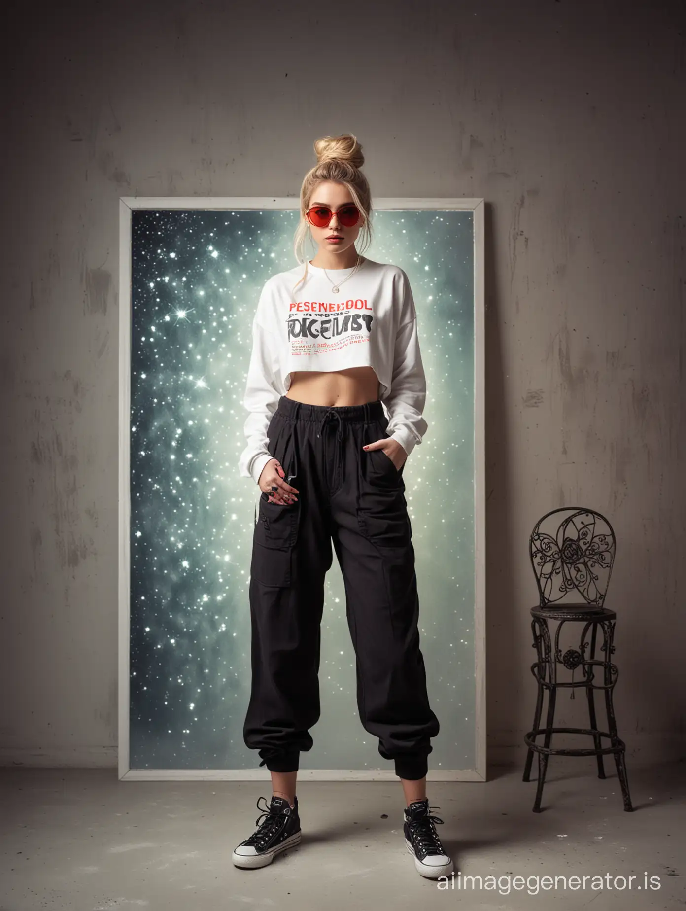 The round black window canvas in the photo studio leans against the wall stands a very beautiful stylish bimbo blond in full height, reflecting red sunglasses, 90s aesthetics, long messy hair bun, filigree tattoo, loose wide pants big pockets, oversized sweatshirt belts harnesses detailed print skull, aesthetics of the female body random angle, full body, drawing with fine diamond gel powder, Polaroid effect, printing, diamond powder, glow, fireflies, white photo filter