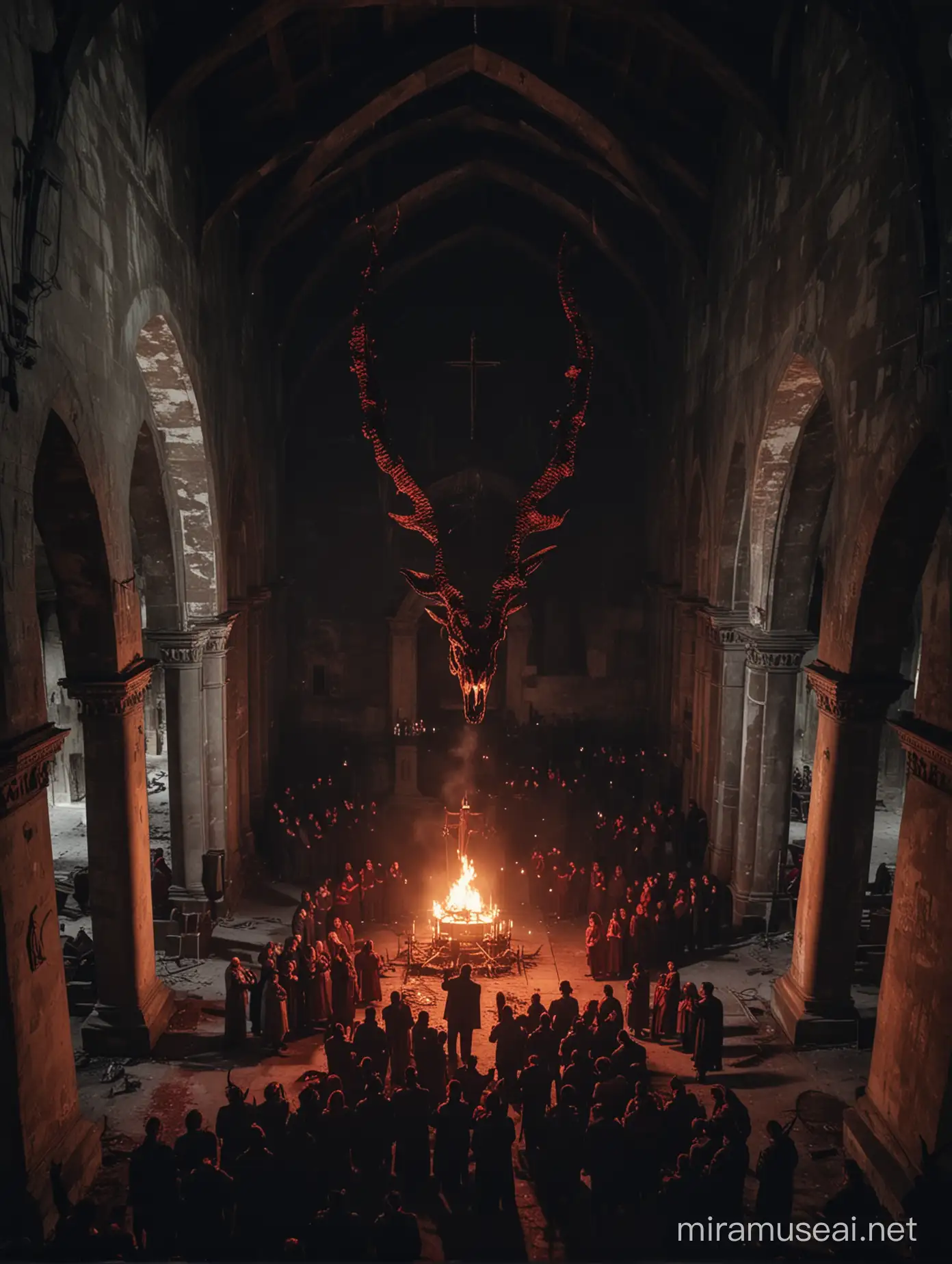 Satanic Ritual in Abandoned Church Torchlit Scene with Dark Background and Devil