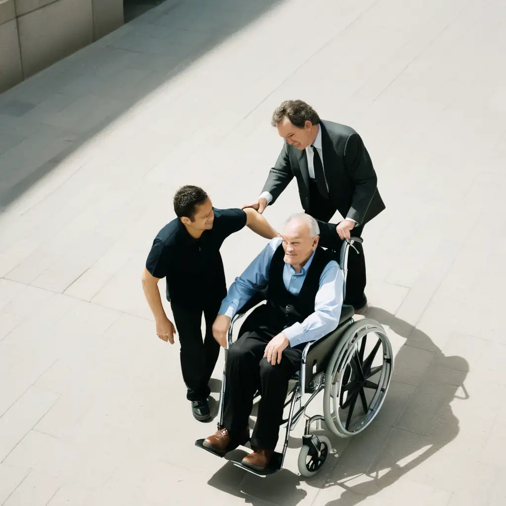 Assisting a Friend Empathetic Man Pushing Another in Wheelchair from High Angle
