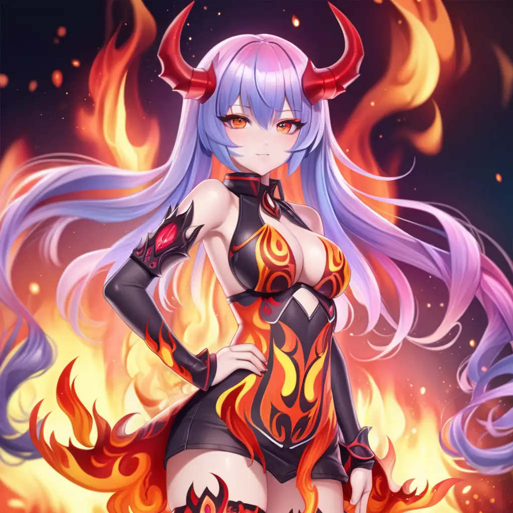 anime demon girl, cute and sexy, sexy clothing, flame aura background, vibrant colors