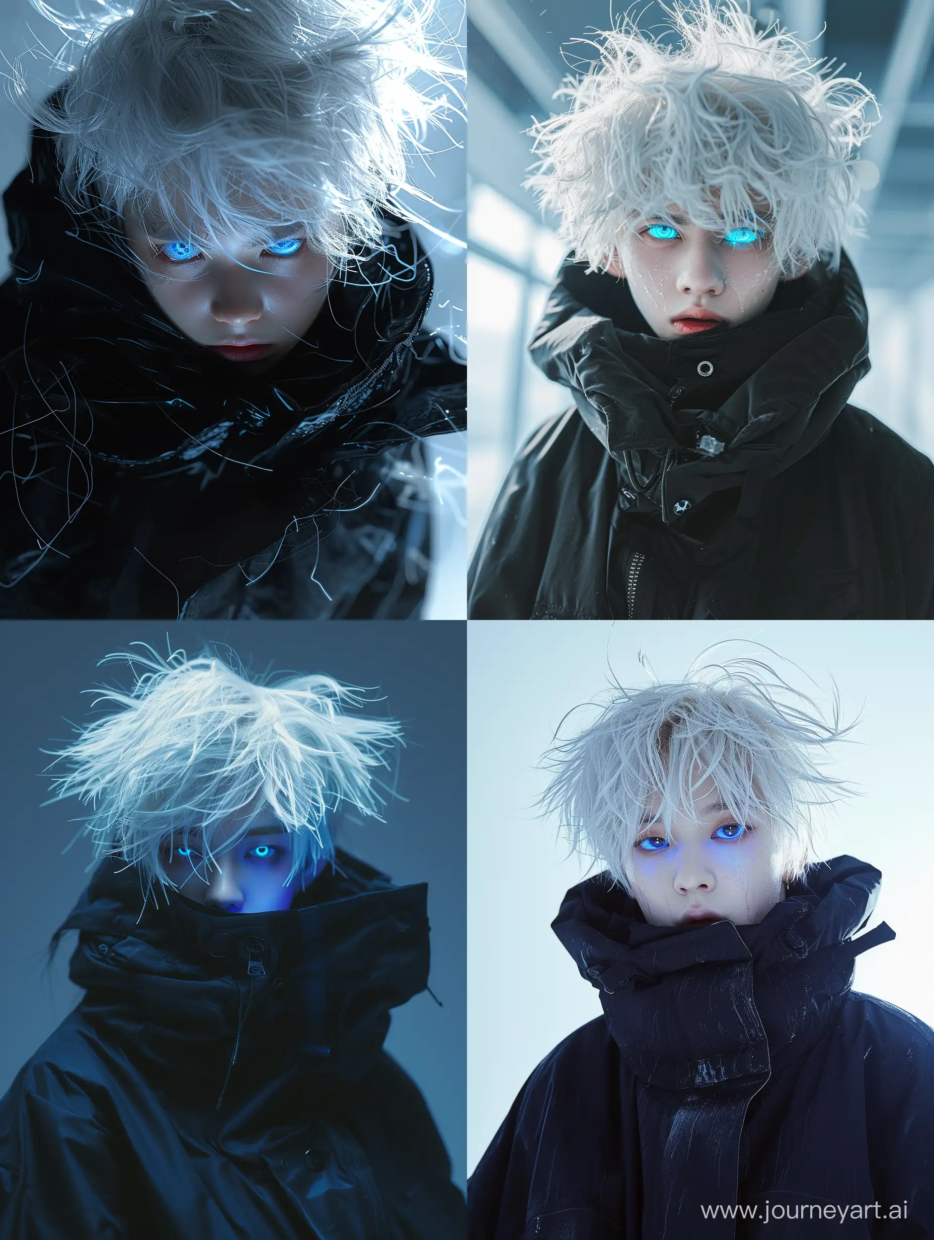 Mesmerizing-HighAngle-Shot-of-Sweating-Korean-Idol-with-Blue-Illuminated-Eyes-in-Stylish-Black-Parka-Jacket