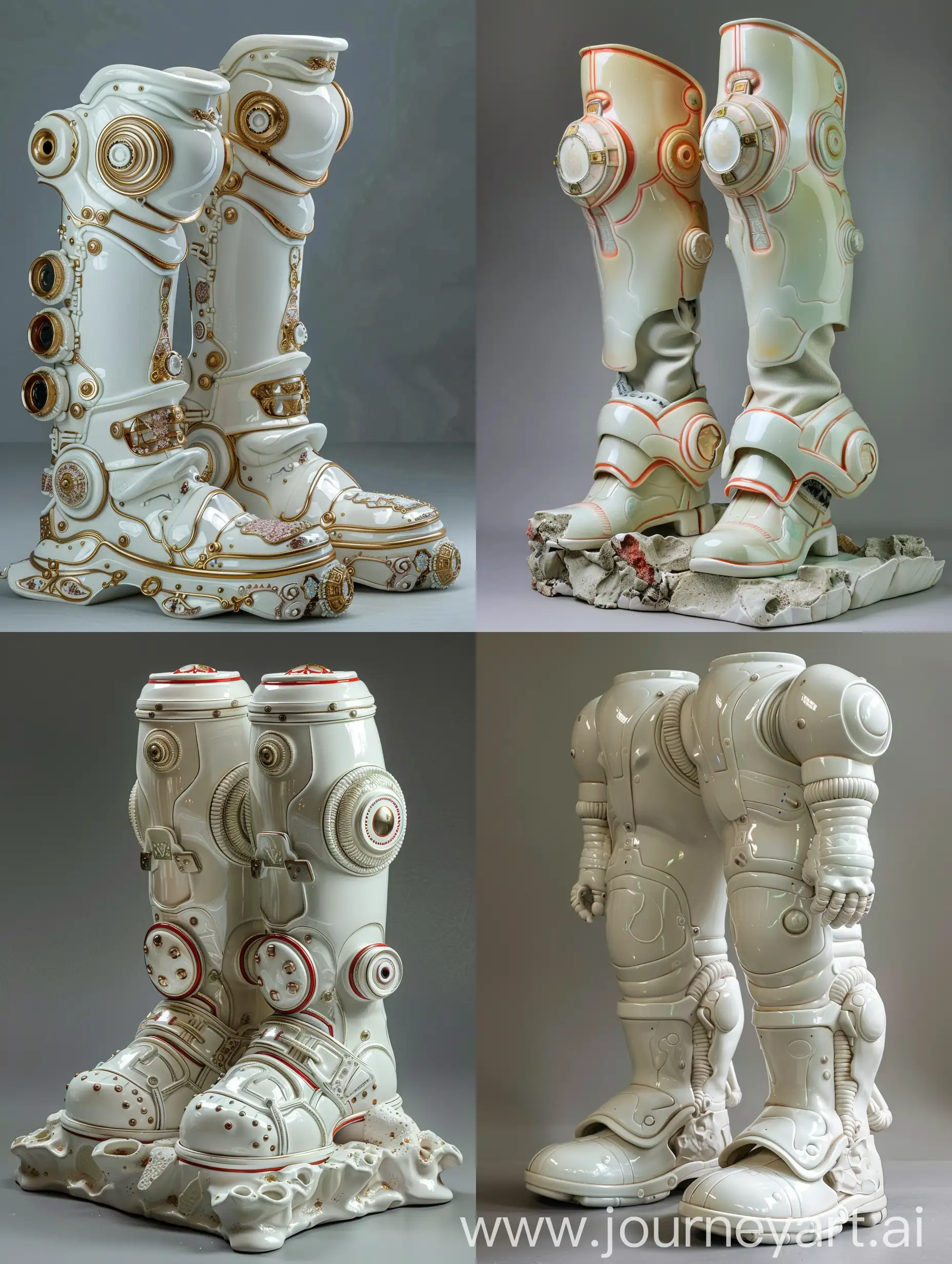 MSCHF Astro Boy boots sculpture, porcelain armour, Imari ware style, hyper realistic, 3d