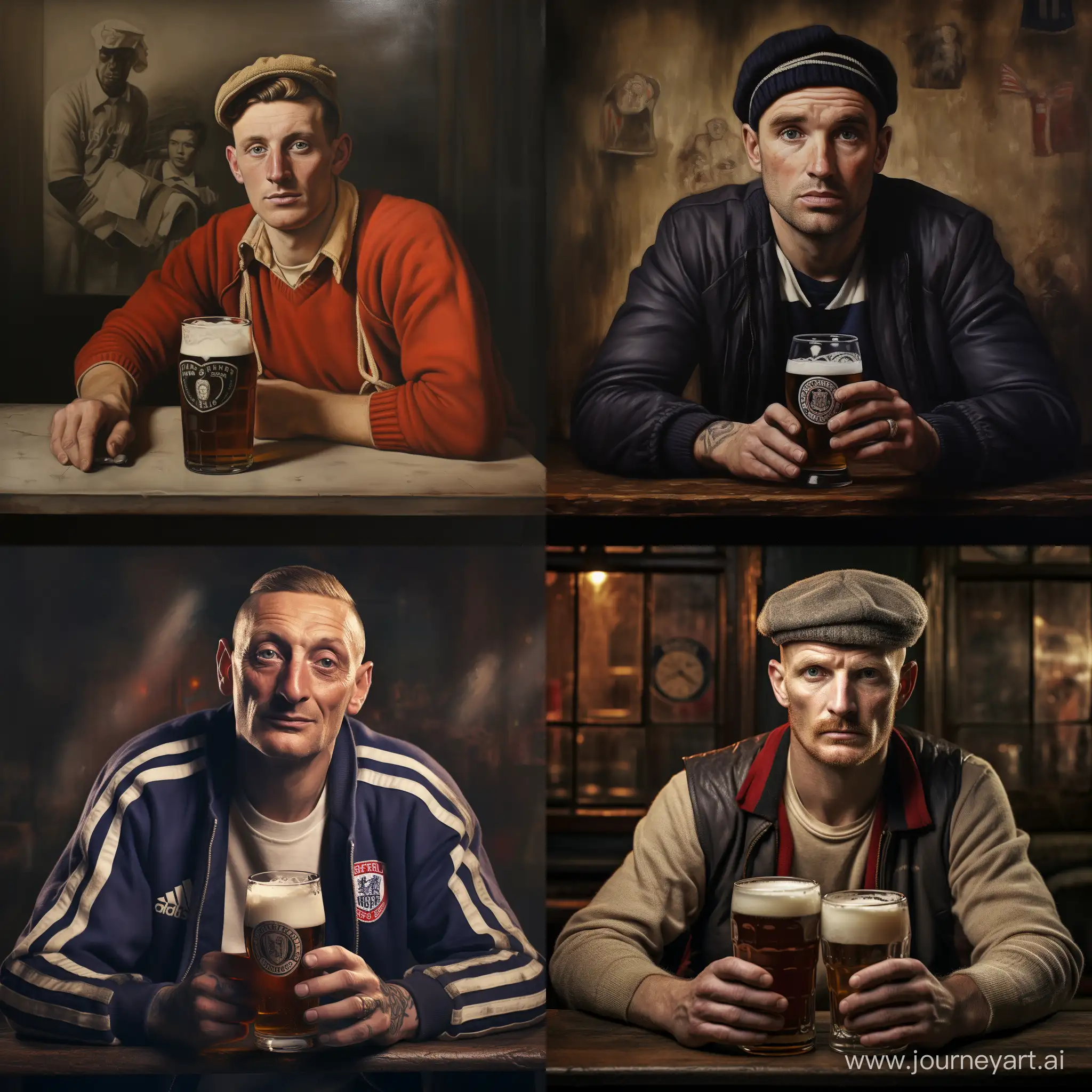 Fifties English man, football hooligan vibes, beer drinker, photo realistic, potrait