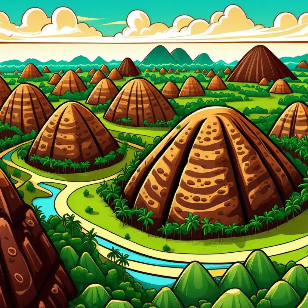 Whimsical Cartoon Depiction of the Enchanting Chocolate Hills in the Philippines