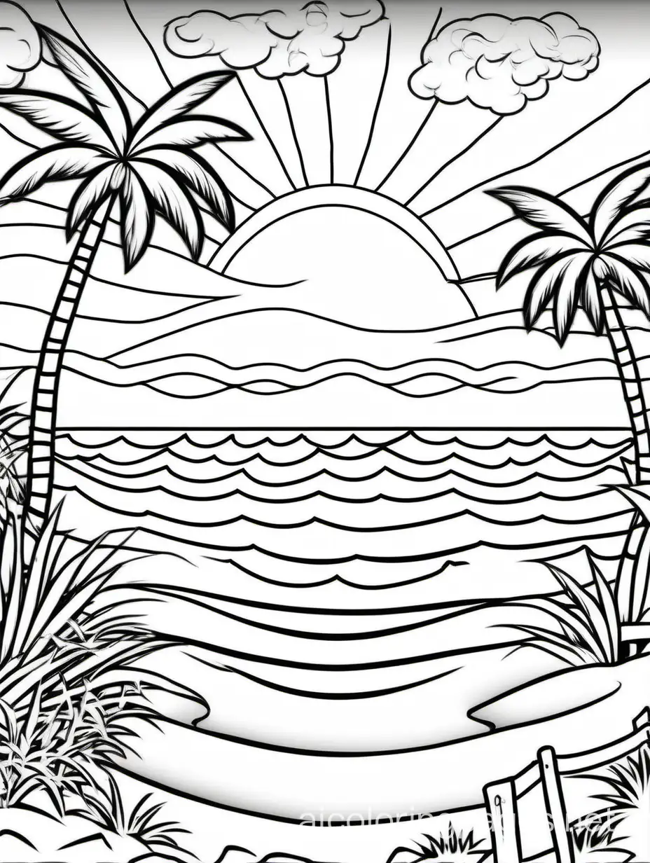 create a beach scene at sunset, Coloring Page, black and white, line art, white background, Simplicity, Ample White Space. The background of the coloring page is plain white to make it easy for young children to color within the lines. The outlines of all the subjects are easy to distinguish, making it simple for kids to color without too much difficulty