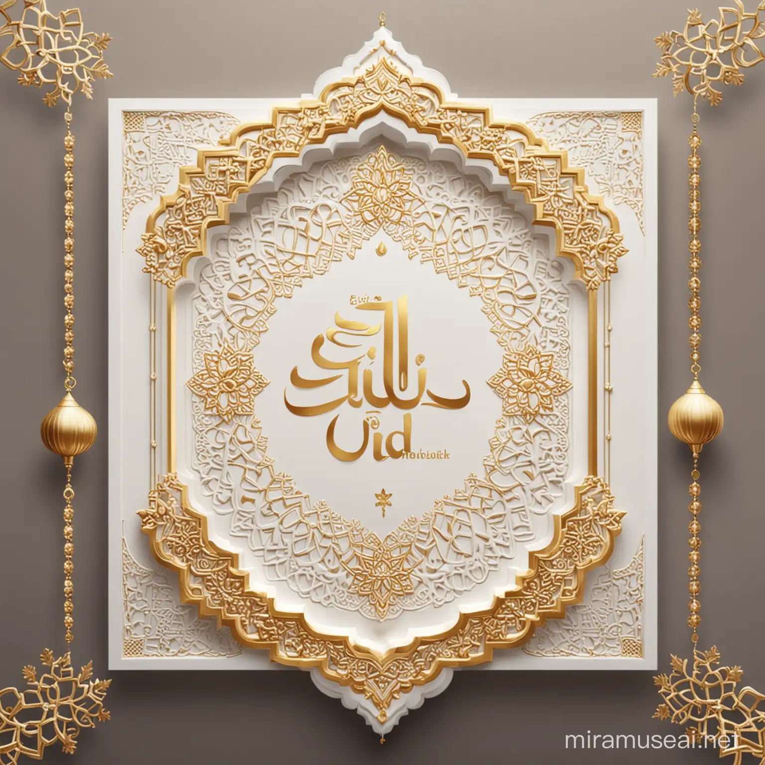 Eid Mubarak Holiday Banner Elegant Islamic Decor in White and Gold