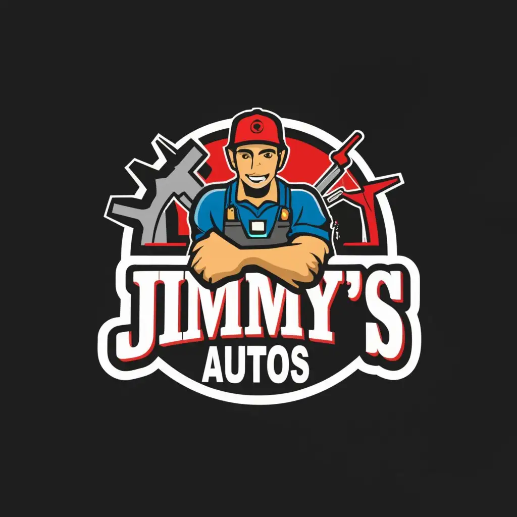 a logo design,with the text 'Jimmy’s Autos', main symbol:mechanic,Moderate, clear background.blue