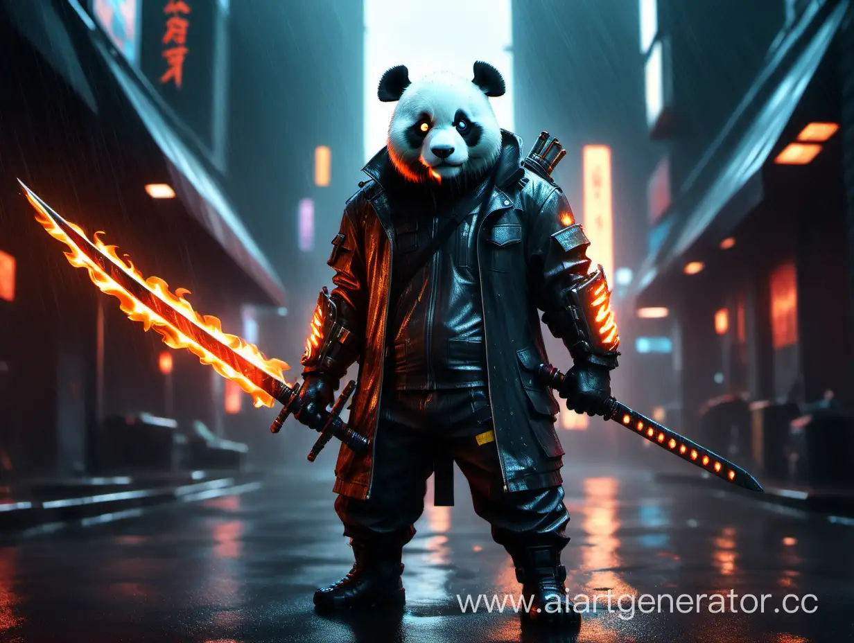 Cyberpunk-Fiery-Panda-with-Flaming-Sword-in-Rain-8K-High-Detail-Art