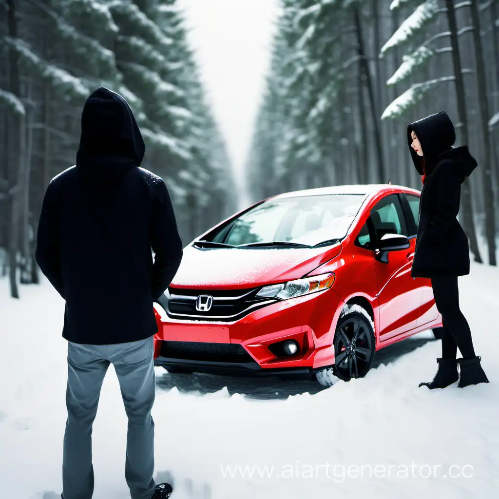 Red-Honda-Fit-with-Black-Hood-Amidst-Snowy-Forest-Romantic-Couple-Scene