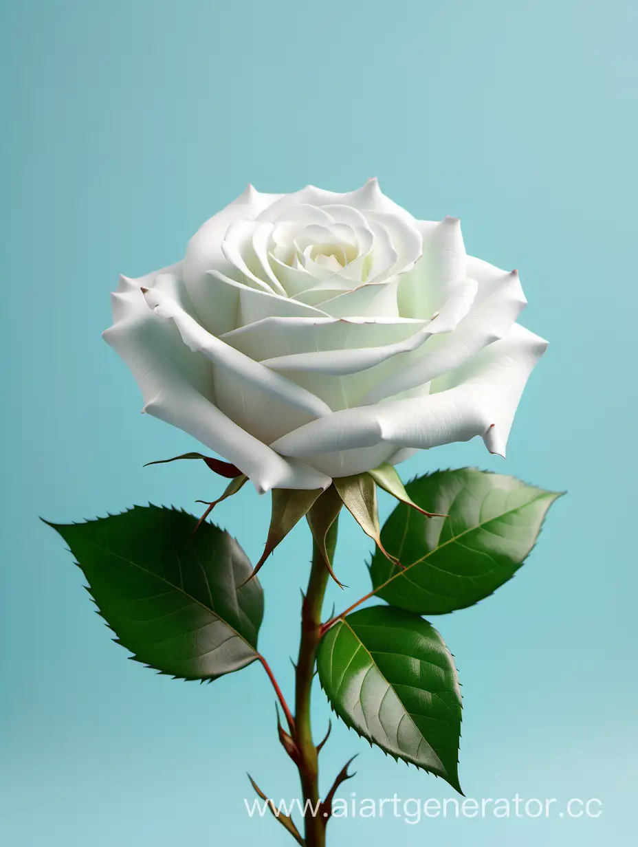 Fresh-White-Rose-with-Lush-Green-Leaves-on-Light-Blue-Background