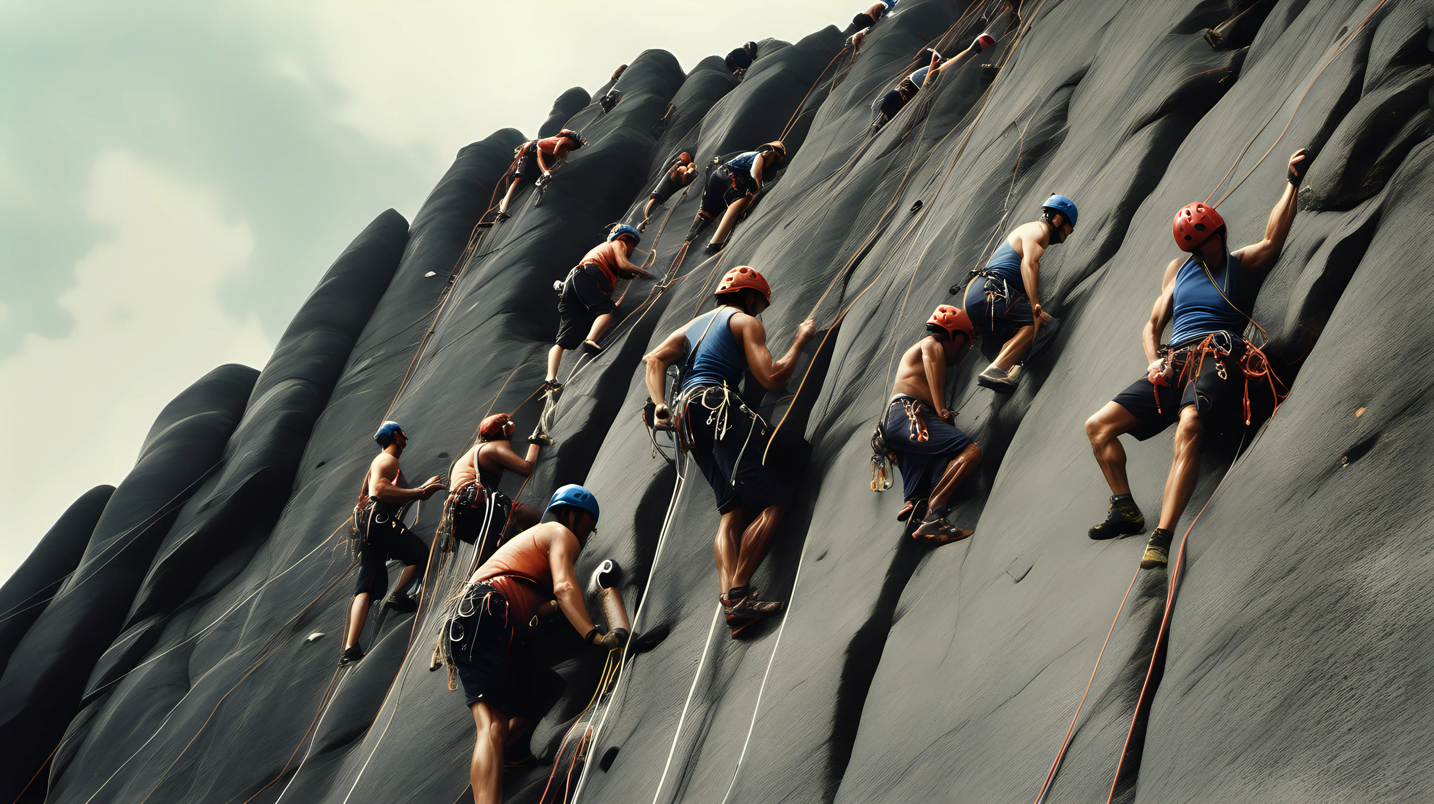 Determined Climbers Conquering Uphill Challenge with Visible Effort