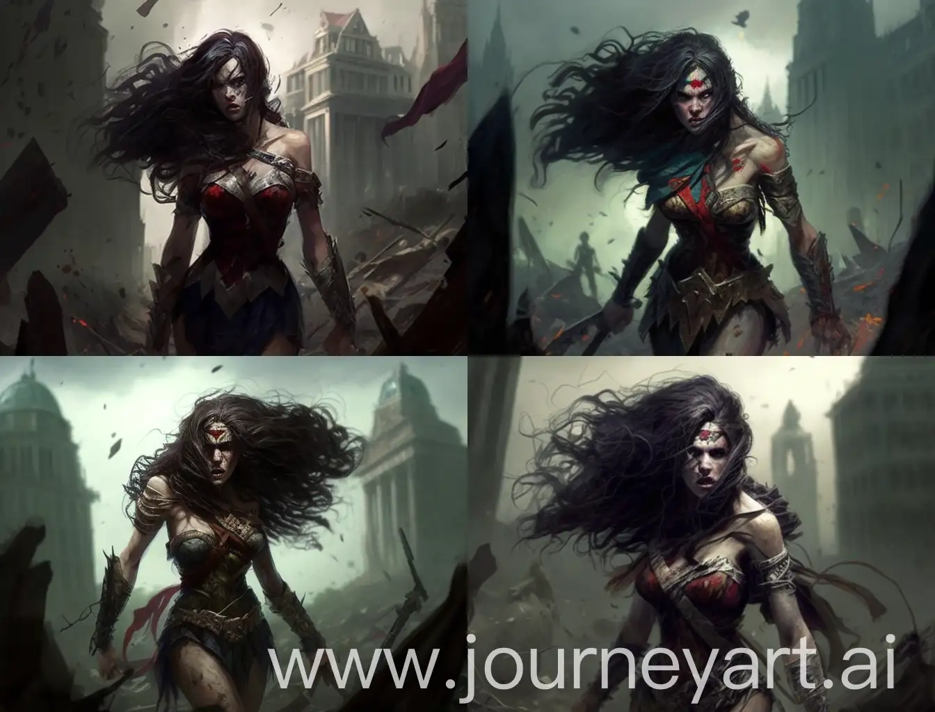 Wonder Woman has turned into a zombie and her hair is hanging forward and she's disheveled and waving in the wind, and her clothes are dirty and torn and she's half-witted and weak trying to walk around the ruined city. There are some zombies around them.