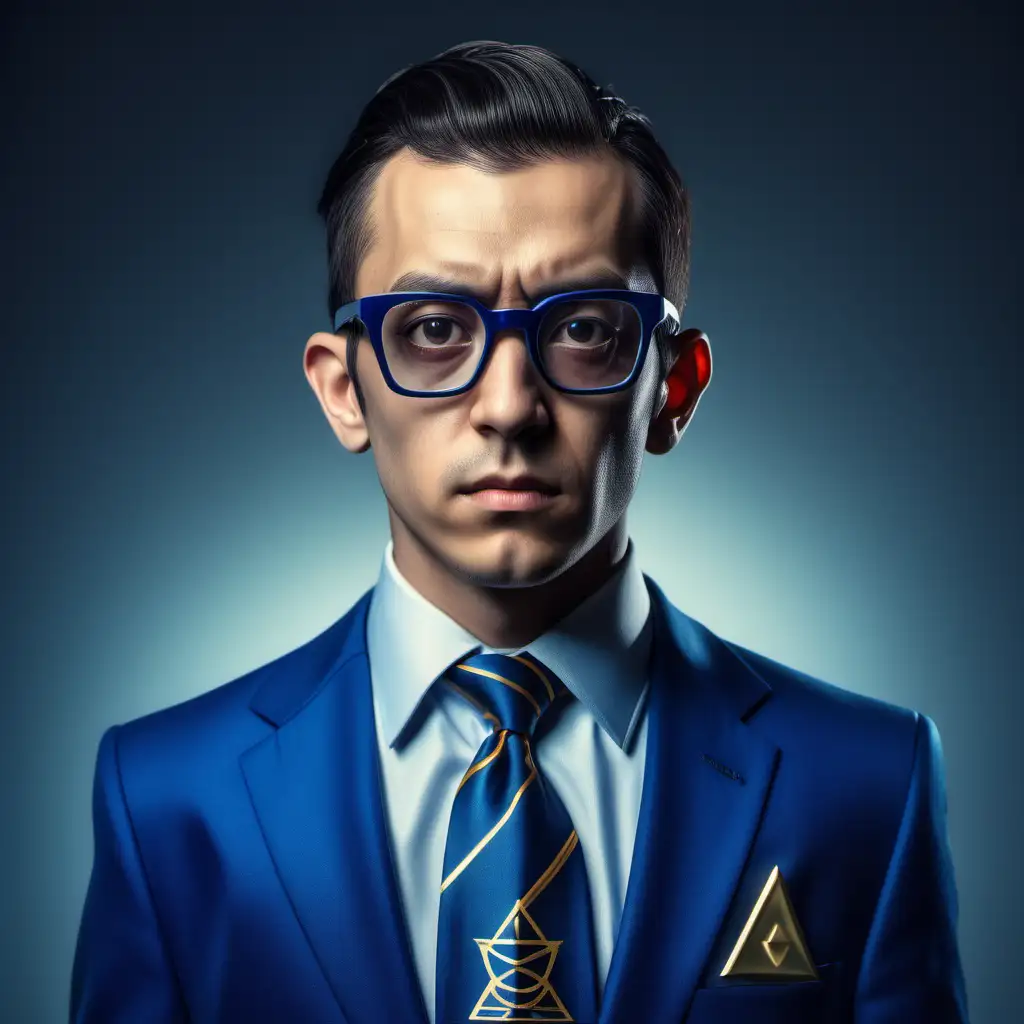 A male human, blue suit, portrait picture, thick glasses, comb-over, geeky looking, weak chin, tie, Illuminati-necklace on top of tie, realistic