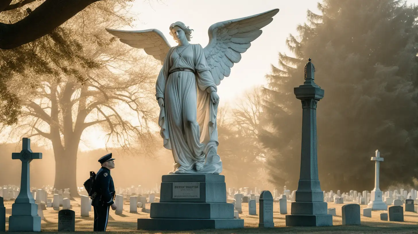 american comic, cinematic lighting, Illustrate the scene with a 40-year-old one white security guard in a cemetery during the morning. The guard, visibly shocked, is watching a big white angel statue. Convey the eerie morning light, casting long shadows and illuminating the details of the angel statue. Capture the emotion on the guard's face, emphasizing the contrast between the serene statue and the guard's surprise. no:other people