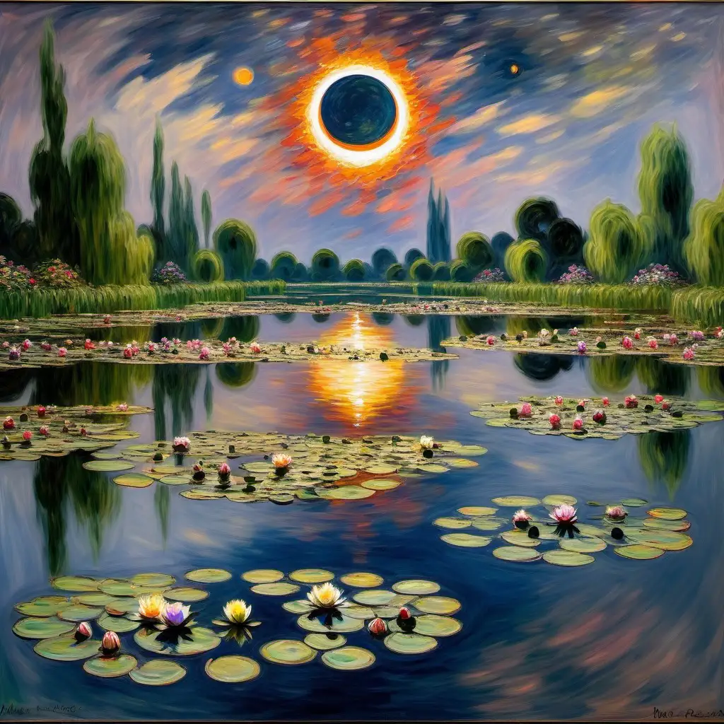 MONET PAINTING WATER LILIES WITH A TOTAL SOLAR ECLIPSE PAINTED INTO THE SKYLINE IN THE SAME STYLE AS THE REST OF THE PAINTING, THE ECLIPSE LARGE AND BEAUTIFUL AND REFLECTED ON THE WATER 

