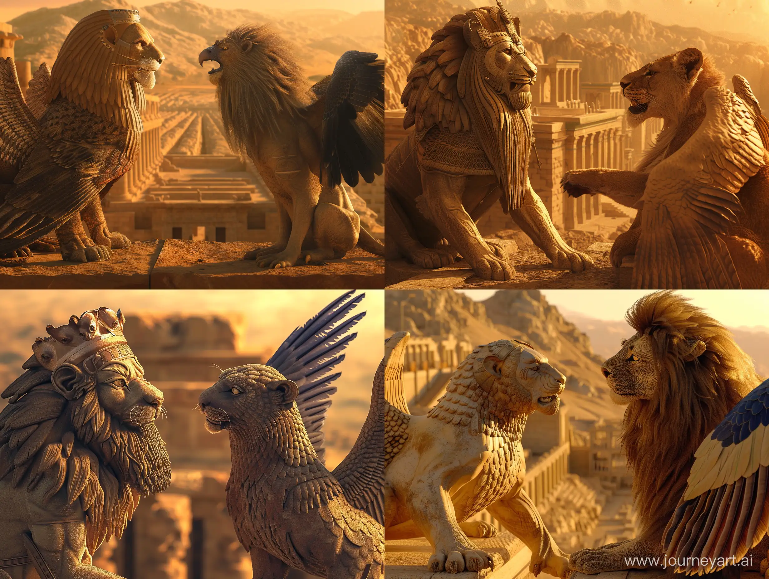 An animal with a head like an Achaemenid human face and a beard king and a lion's body and two wings is talking with an animal whose head is like an eagle's head and the body of that animal is like the body of a lion at Persepolis from the top of a hill in Persepolis. in an ancient civilization, cinematic, epic realism,8K, highly detailed, bird's eye view, golden hour lighting, make a realistic photo.