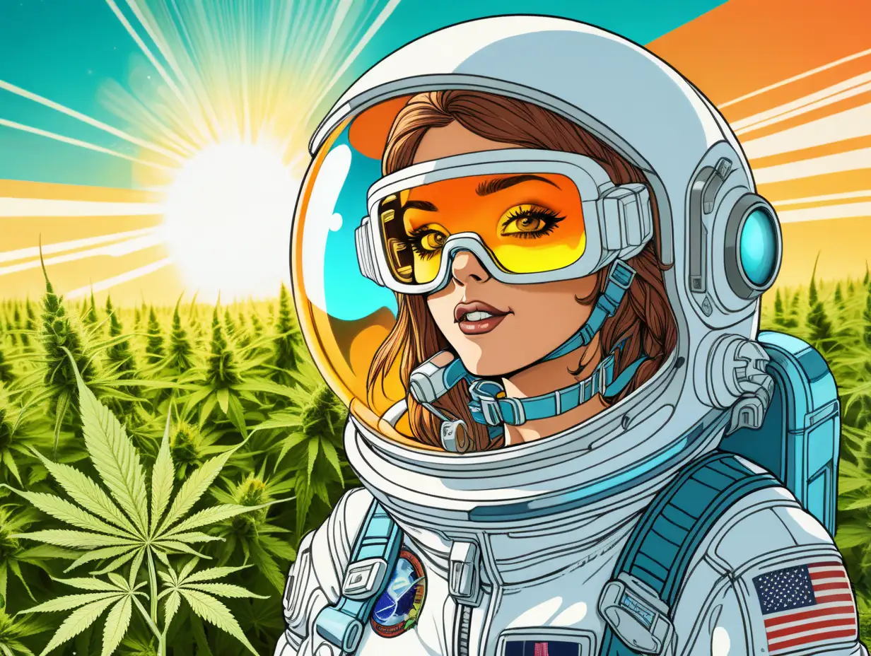 A Sexy Female Astronaut, wearing space goggles, who just landed in a field of cannabis from their space ship. futuristic look, bright sun colors
