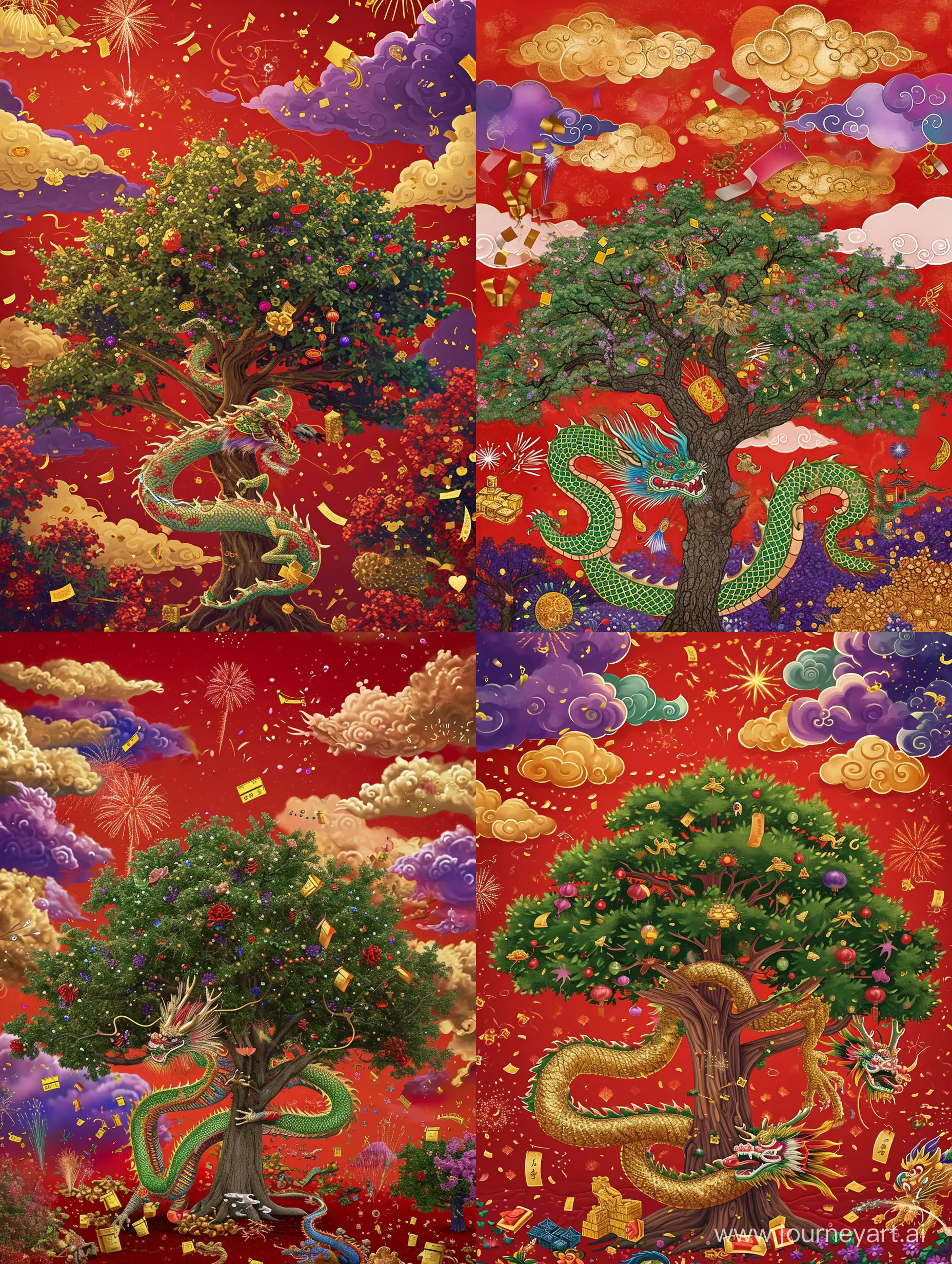 祥龙缠树，龙占主体大部分画面，红色的天空有金云紫云彩云，装饰还有金元宝，红包，鞭炮，烟花，有中国新年的气氛，