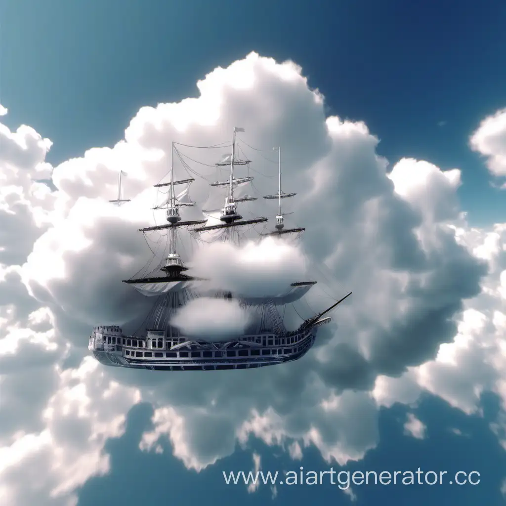 A ship in the form of a cloud, In the sky,  fluffy white. Beautiful. Best quality. 4k