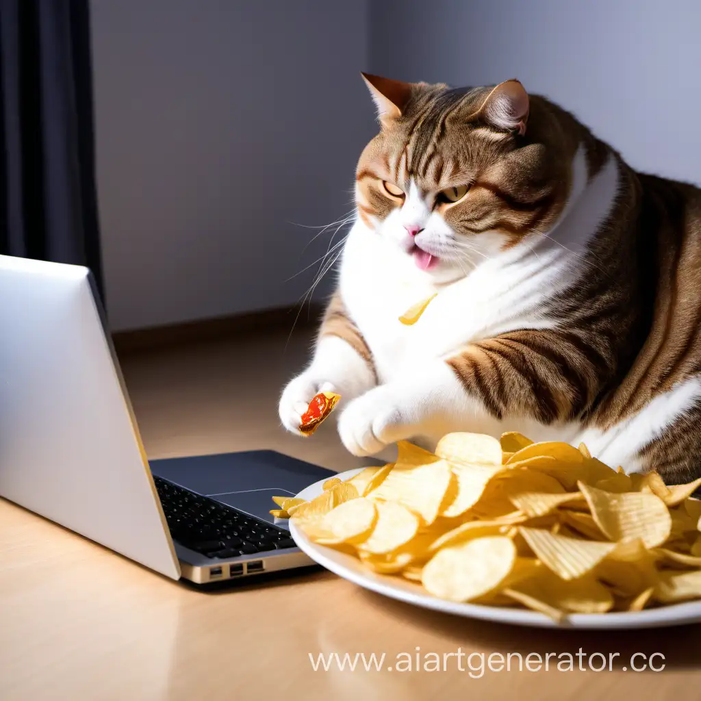 толстая кошка играет на компьютере 
 и кушает чипсы, пусть кошка плачет в углу
