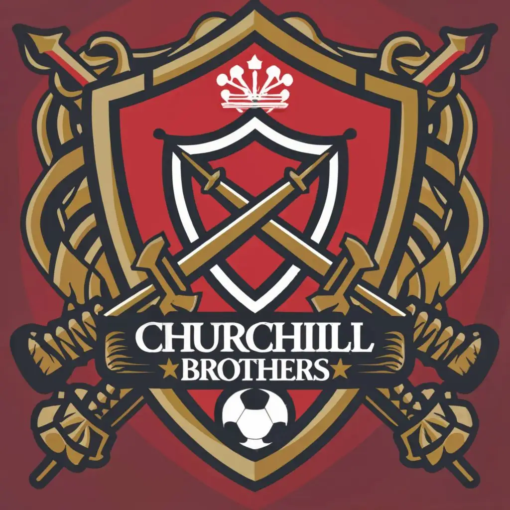 a logo design,with the text 'Churchill Brothers', main symbol:Shield and swords with football,complex,be used in Sports Fitness industry,clear background, the whole colour theme should be red, change the position of ball little down so that brothers would be visible, remove the word churchill from top of the logo