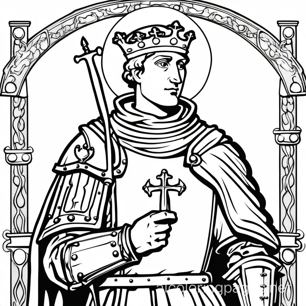Saint Louis IX of France  crusading, Coloring Page, black and white, line art, white background, Simplicity, Ample White Space. The background of the coloring page is plain white to make it easy for young children to color within the lines. The outlines of all the subjects are easy to distinguish, making it simple for kids to color without too much difficulty