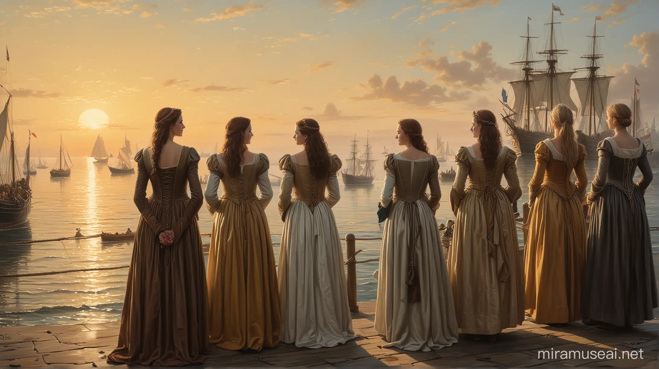 a crowd of women dressed in medieval costumes standing facing the sea on the port quay, looking for maritime sailing ships returning from their expedition. The women are seen from behind in the painting. In the background, the calm sea and the setting sun.