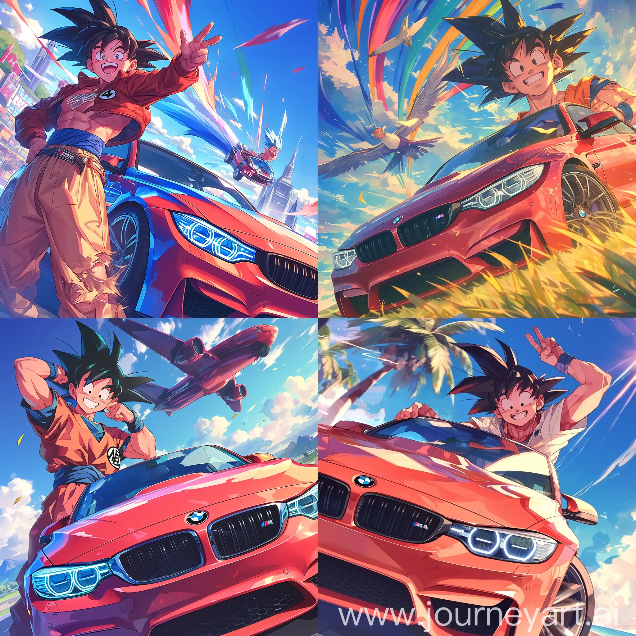 !mj1 Dragon Ball's Goku posing cheerfully next to a sleek BMW M4, vibrant colors, anime style, dynamic angle, energy aura visible, clear sunny day, Dragon Ball Z era, epic and playful atmosphere, high-resolution, detailed artwork by Akira Toriyama --ar 1:1 --s 750 --niji 6