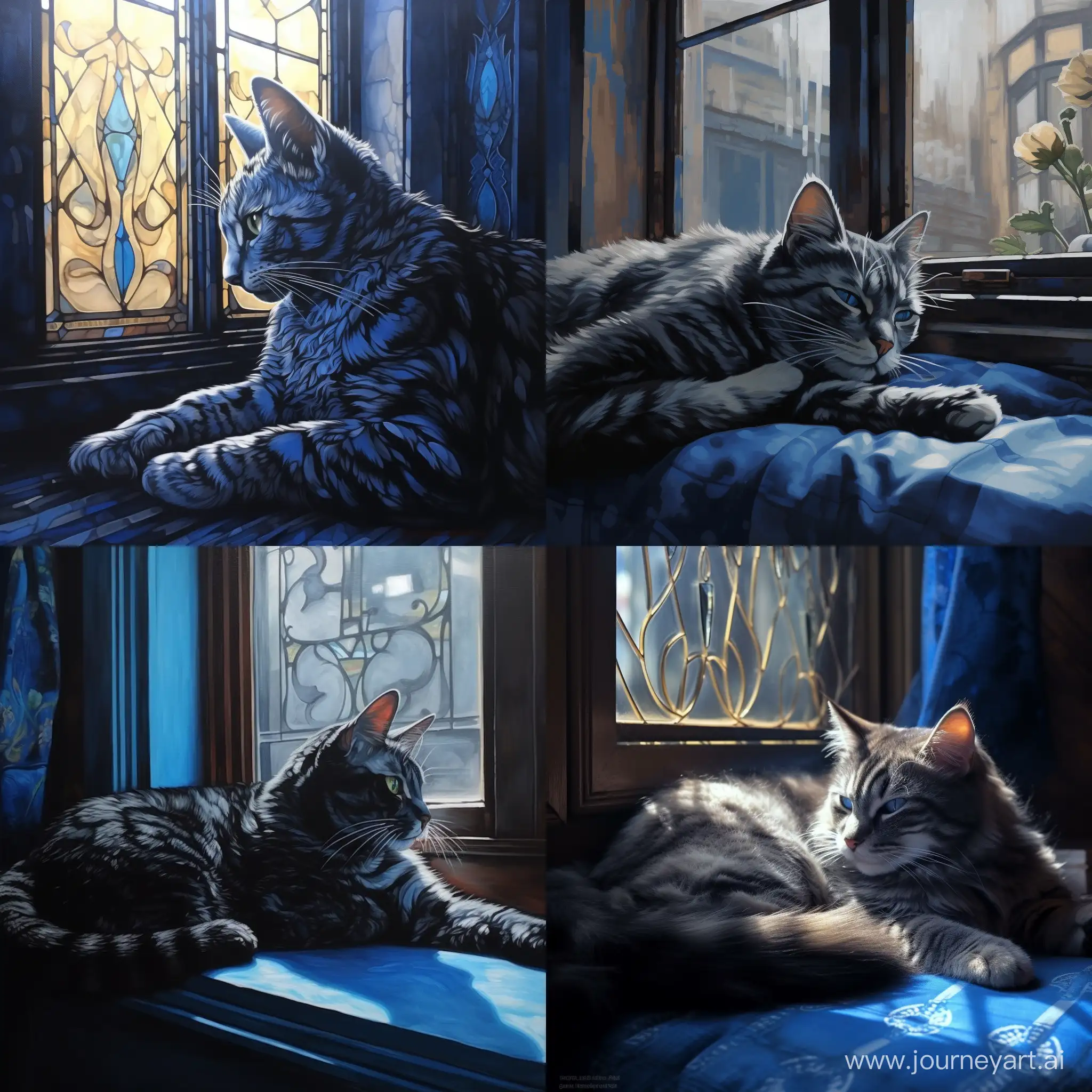 Serene-Blue-Cat-with-Black-Patterns-Lounging-by-Sunlit-Window