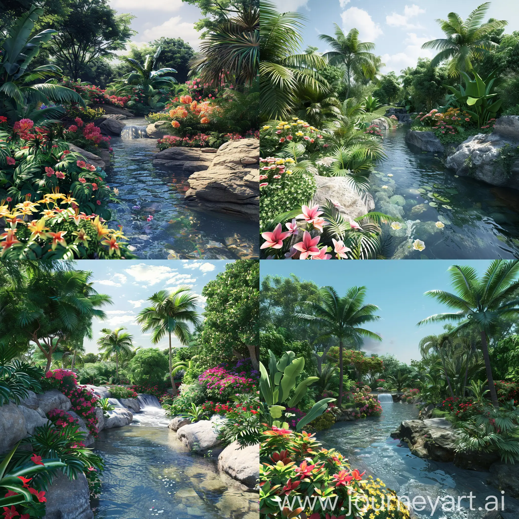 Grand jardin vaste réaliste avec quelques fleur et un ruisseau tropical