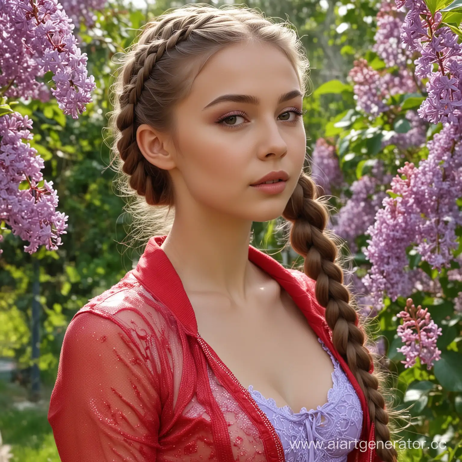 Stunning-Russian-Beauty-with-Lilac-in-Enchanting-Garden-Setting