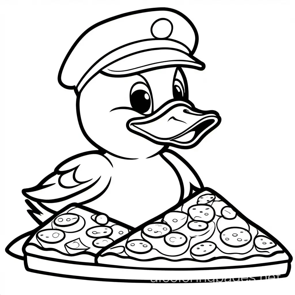 baby duck eating pizza, Coloring Page, black and white, line art, white background, Simplicity, Ample White Space. The background of the coloring page is plain white to make it easy for young children to color within the lines. The outlines of all the subjects are easy to distinguish, making it simple for kids to color without too much difficulty