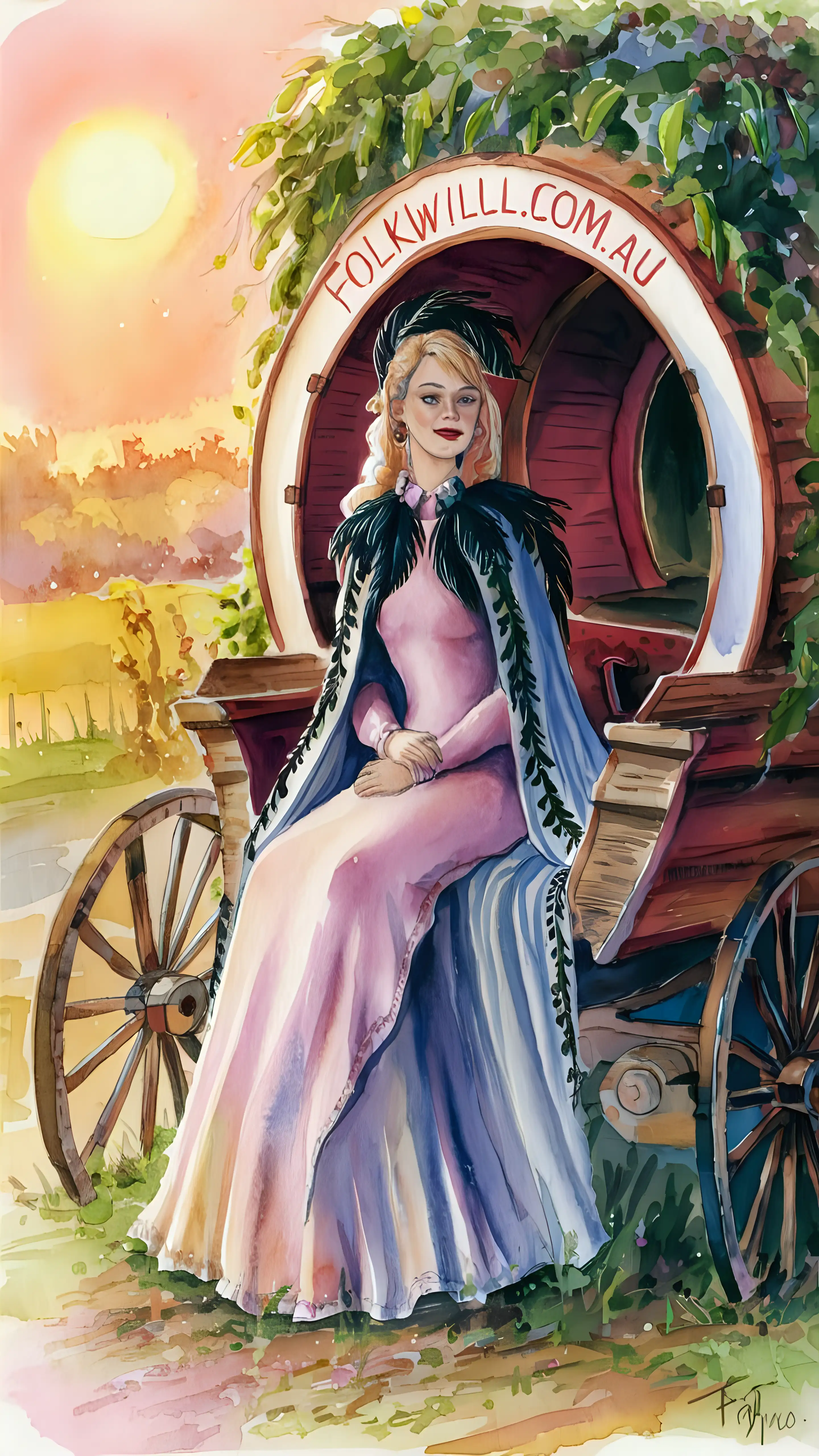 a pastel coloured watercolour painting of a   lady in a long  dress, black feathers on her cape, she is sitting in a Romanian gypsy wagon, the name FolkWillow.com.au is on the wagon side