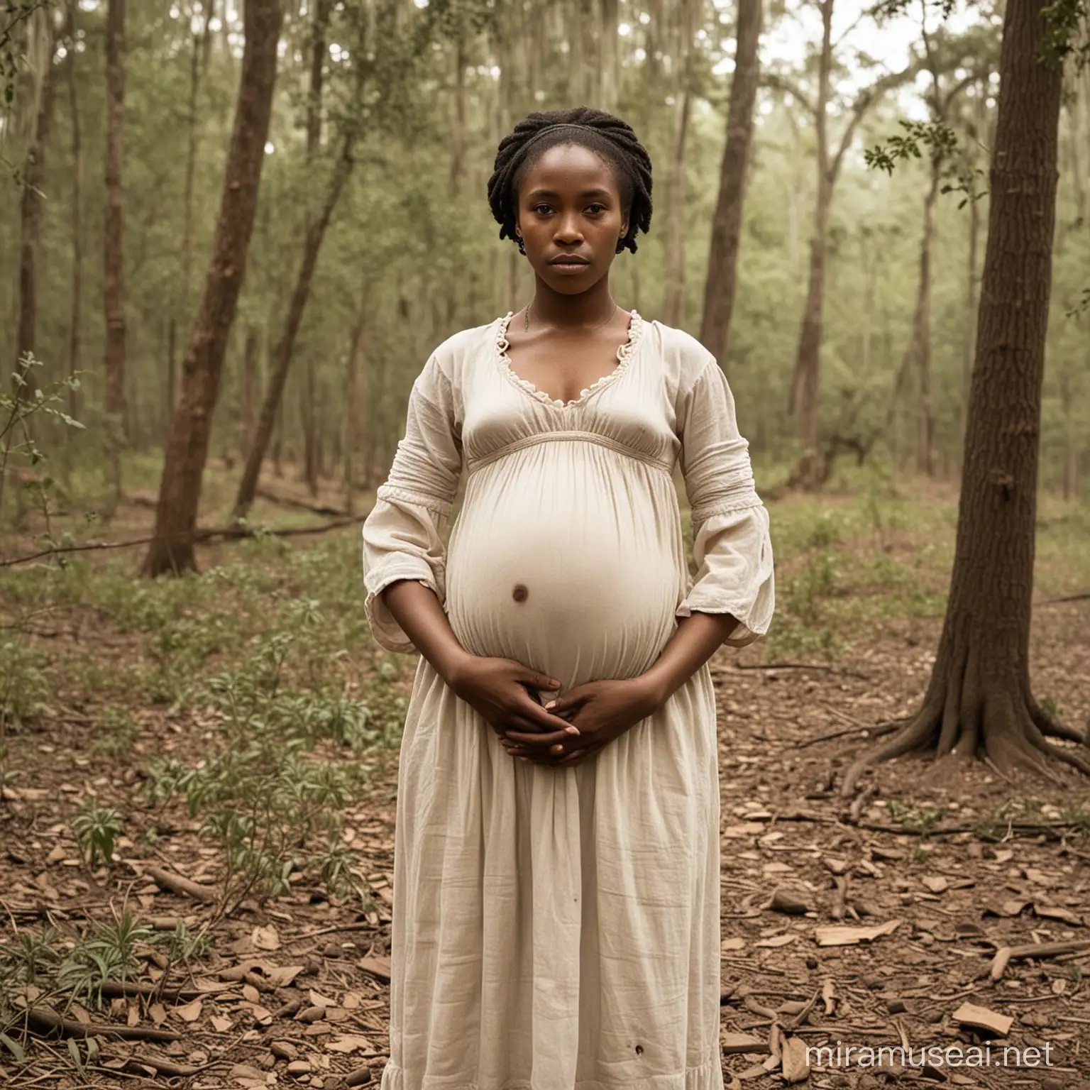 pregnant light skin slave black United States 1800 dirty with plantation background in Georgia
