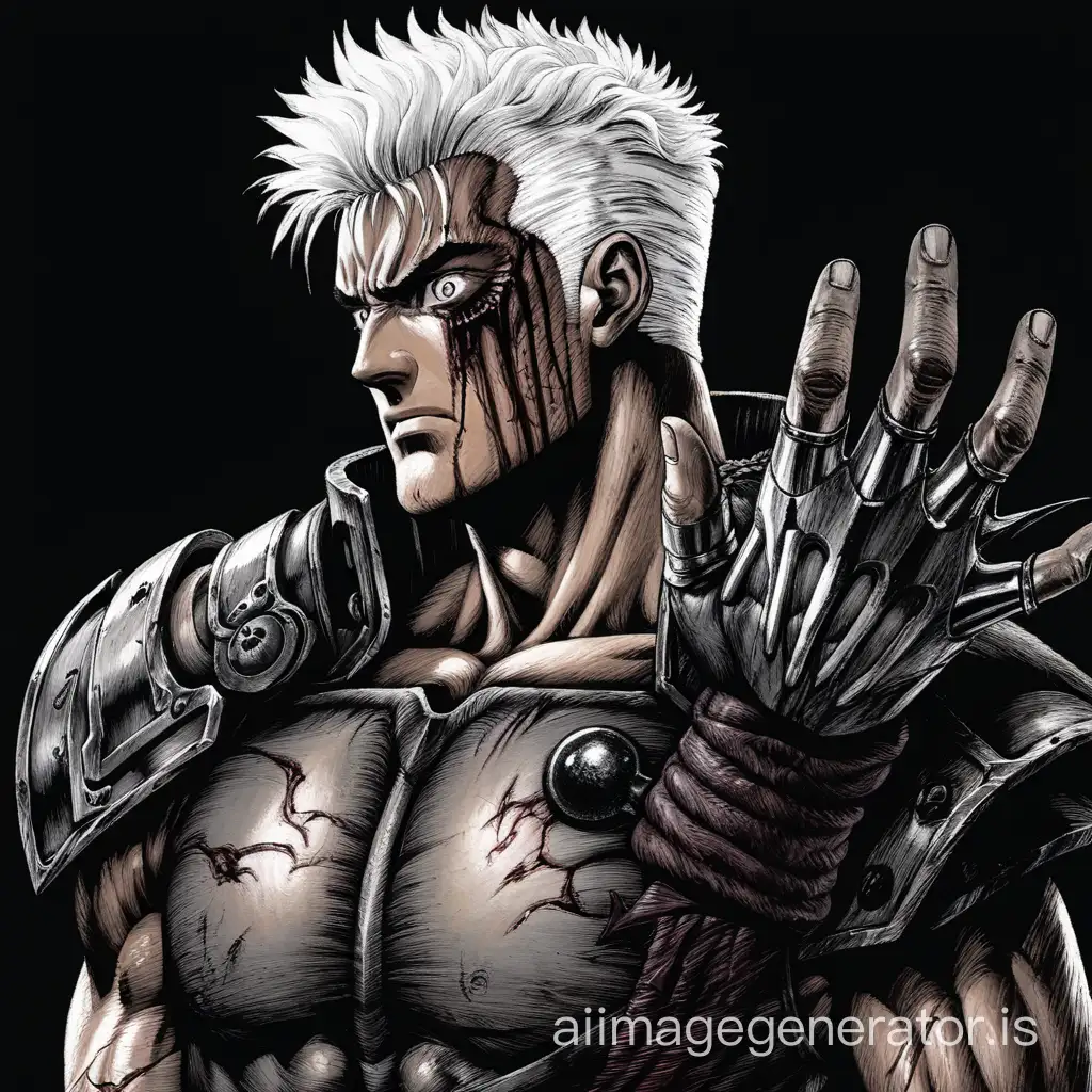 Guts with white hair and a scar on his eye and a black iron prosthetic on one of his arms