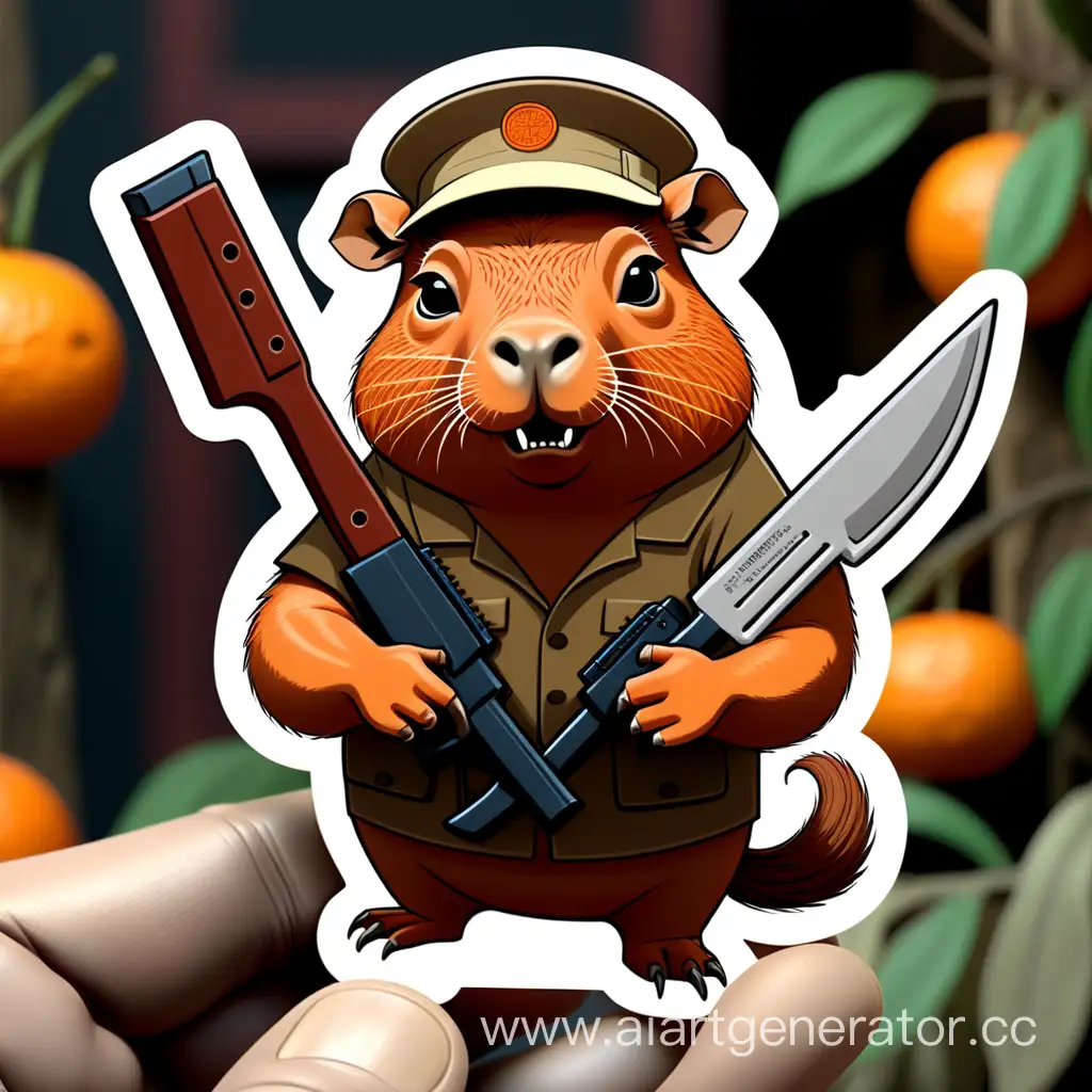 Капибара с оружием в руках , 
наклейка на оружии олег и надпись внизу Tangerines
