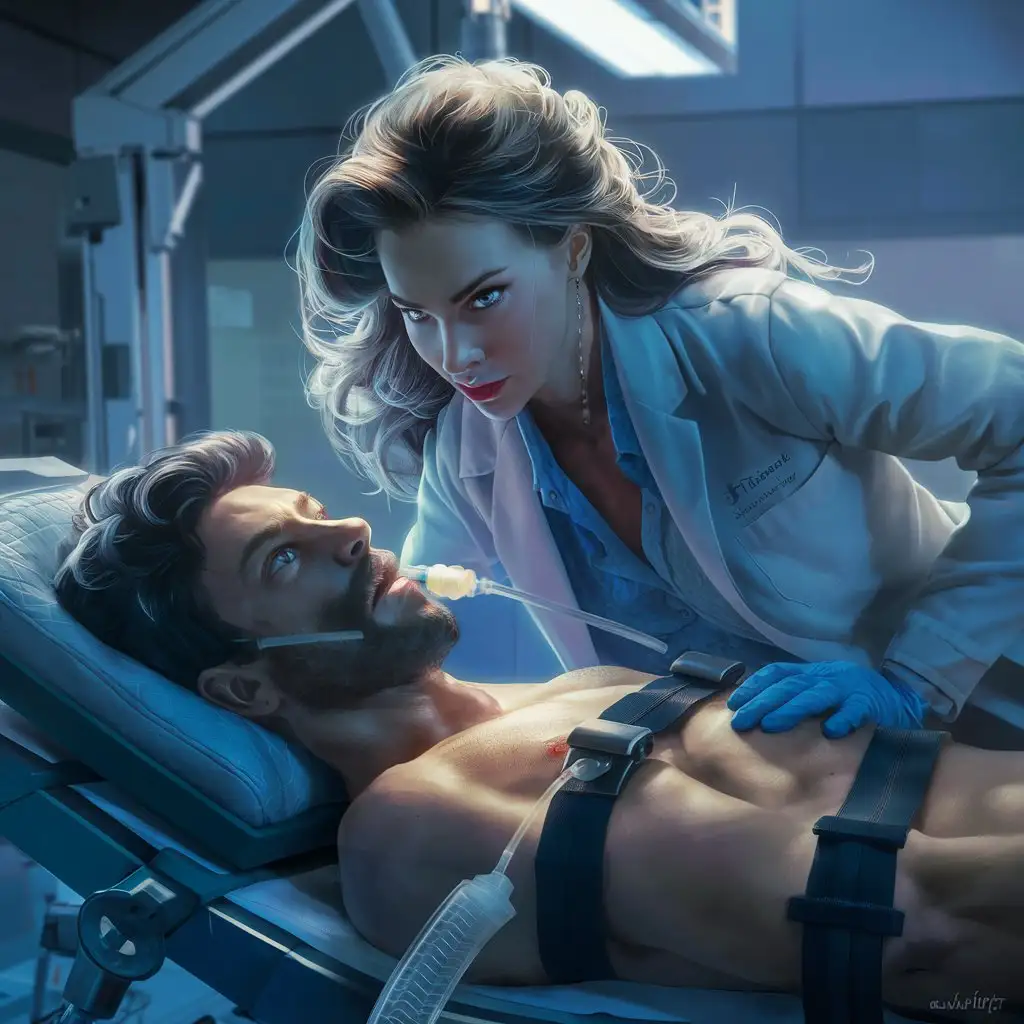 Laboratory, beautiful busty female scientist in lab coat, long flowing hair, feeding tube in hand, leans over handsome male patient strapped to medical table, sultry, seductive. 