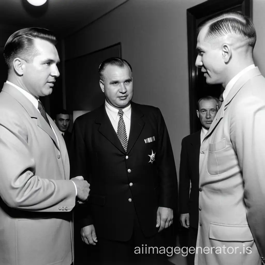 a black and white foto of a meeting between Wernher von Braun and Sergei Korolev