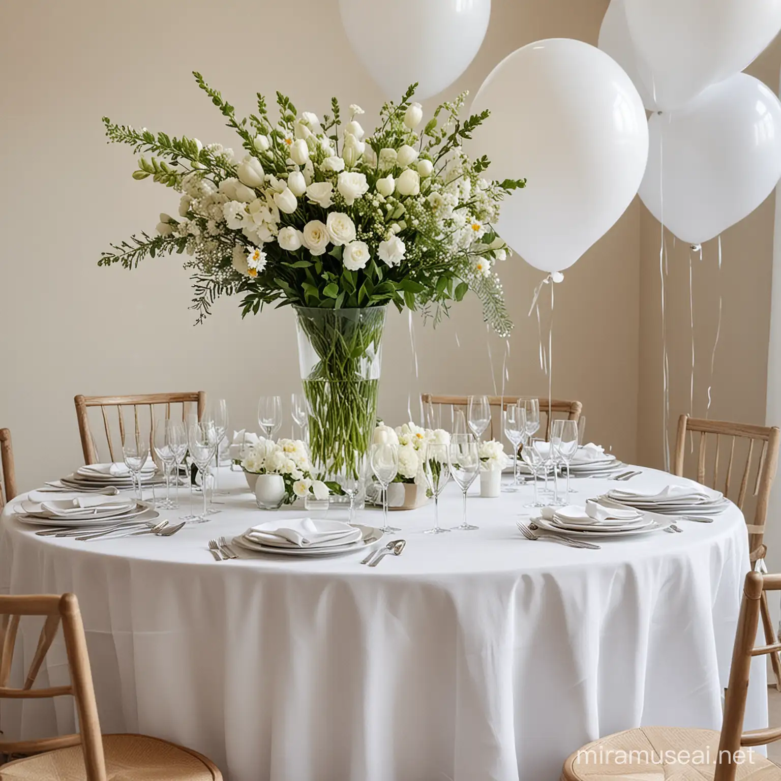 imagine white tablecloths on table with flowers in a vase as a centerpiece with balloons in the background for a party. 