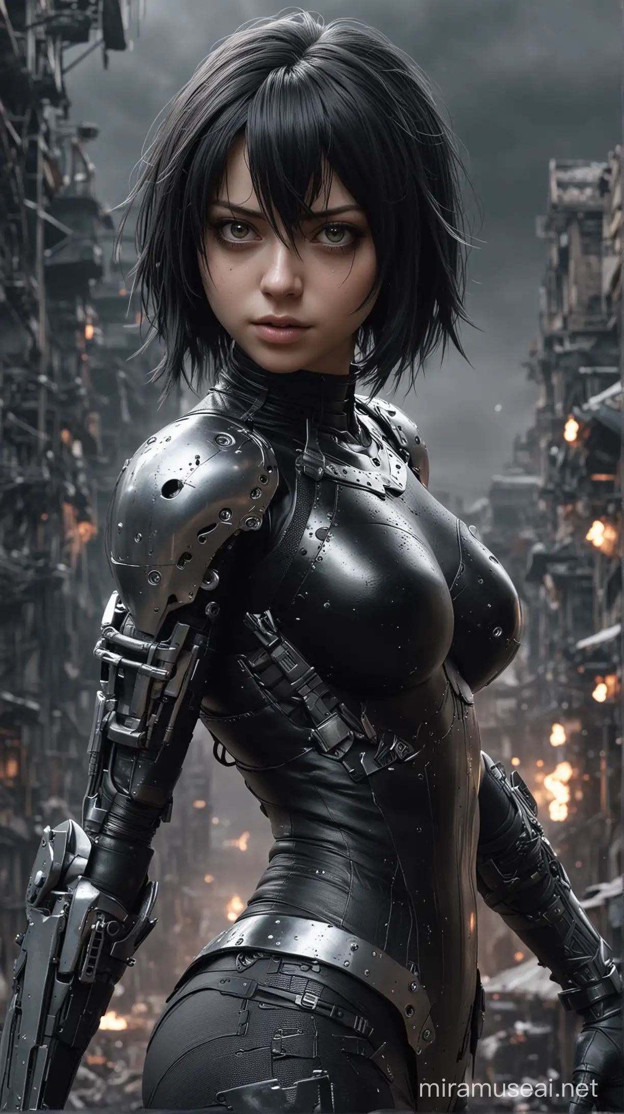 Intense Cyborg Battle 2B from Alita Battle Angel in Apocalyptic Cityscape