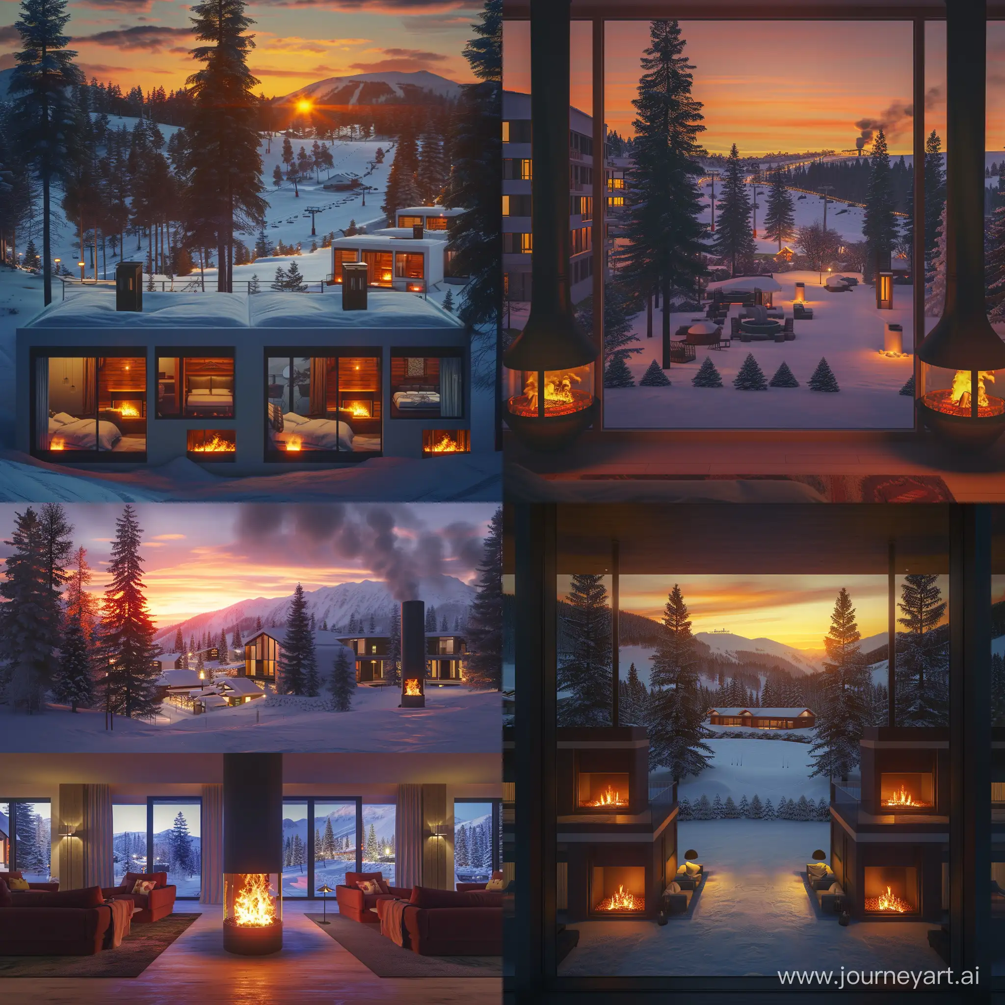 photorealistic ,canon 5D, Hotel rooms on a snowy mountain, sunset light, bright interior lights, near a ski resort, with a view of the ski resort and landscaping in the yard, with living rooms with 3 separate fireplaces, tall pine trees.