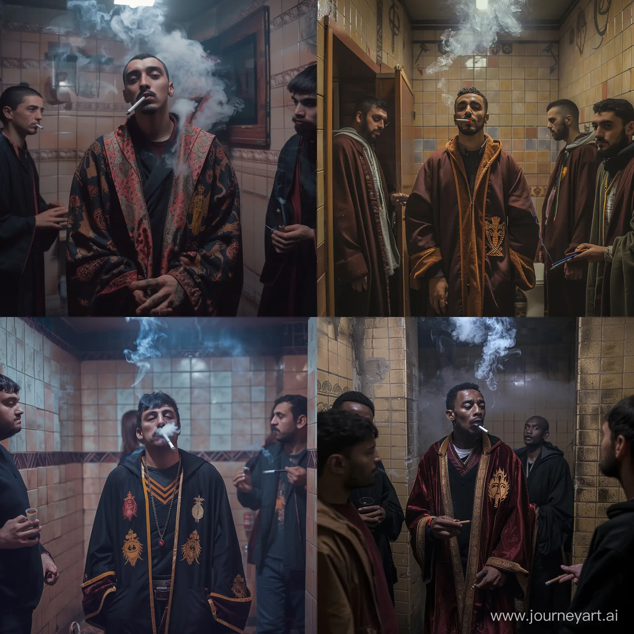 Dagestani-Man-in-Gryffindor-Robe-Smoking-with-Friends-at-Hogwarts-Bathroom