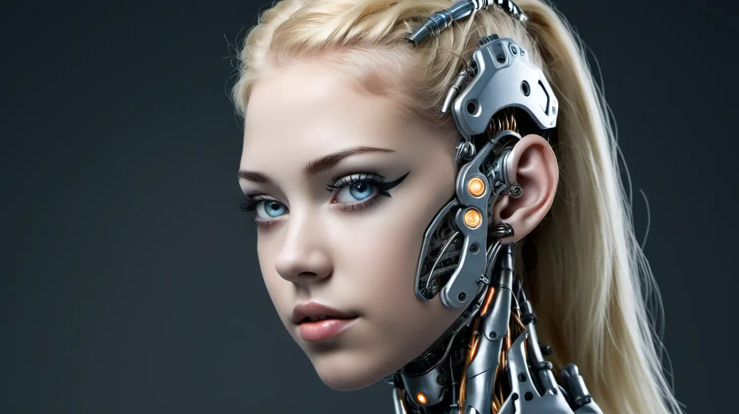 Cyborg woman, 18 years old. She has a cyborg face, but she is extremely beautiful. She has blond hair. She has beautifully-shaped ears.