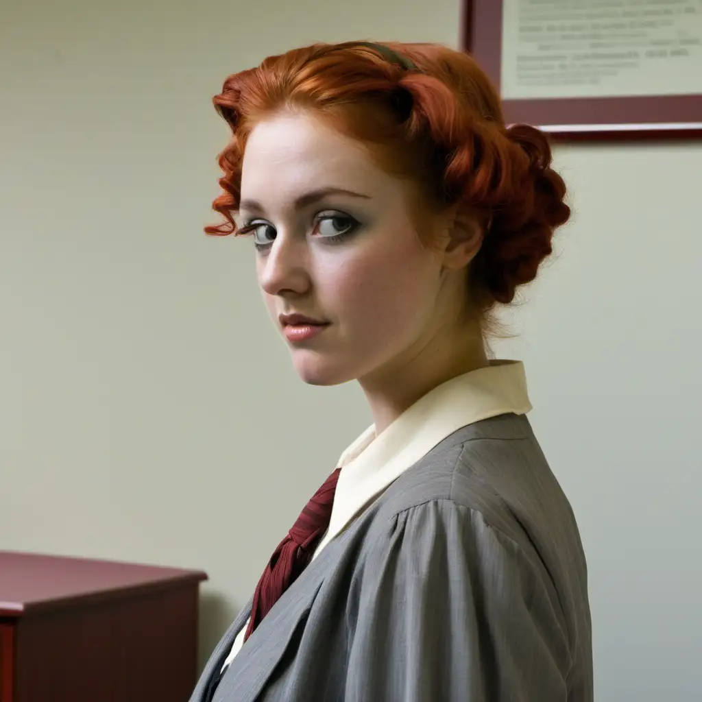 Full colour image. A very attractive young Australian woman of about 22 with long red hair worn up. She has a tan. She is dressed  in the style of the 1920s and is standing in university professor’s office.