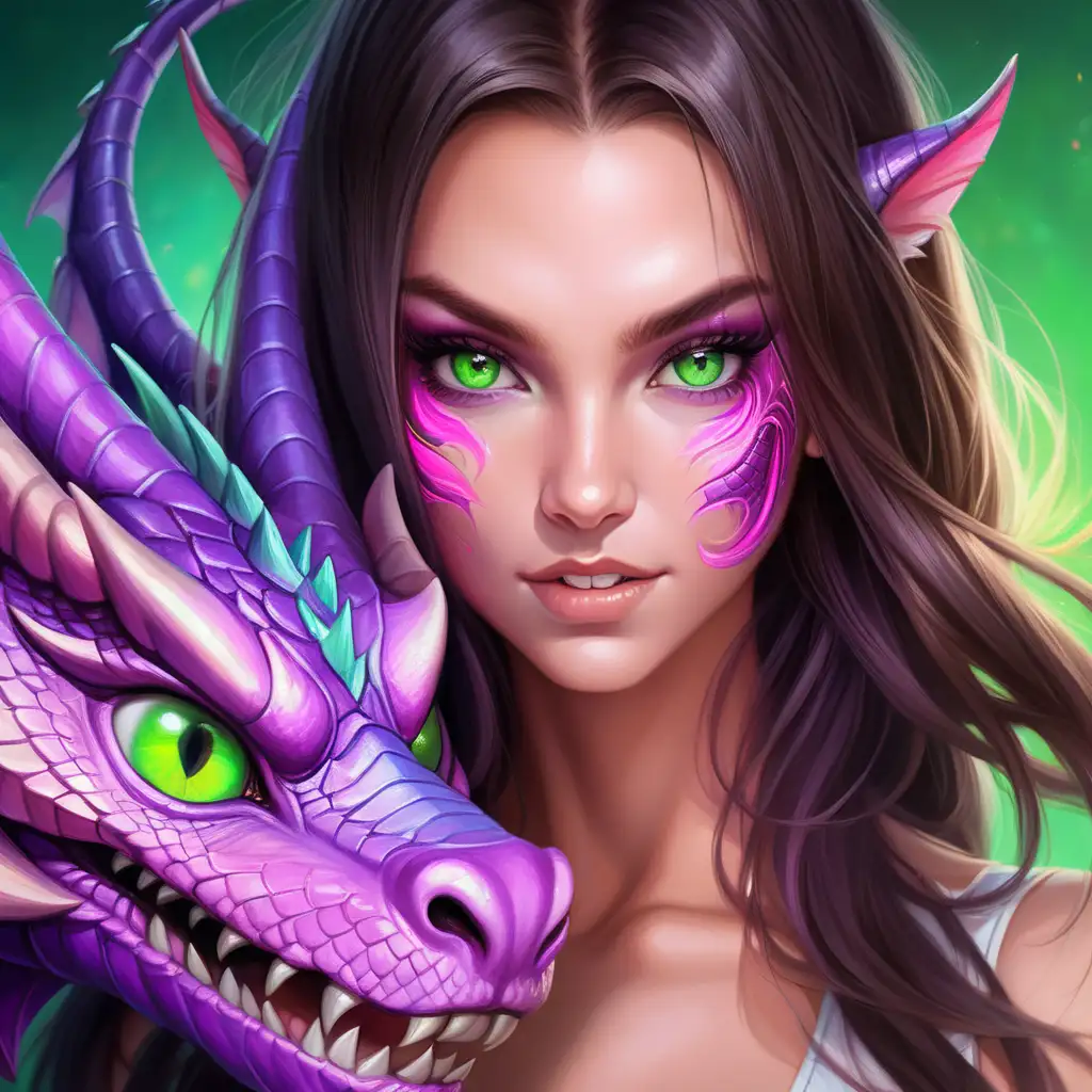 sexy young brunette woman magically turning into a purple and pink dragon, half her face is done with seductive make up emphasizing her green eyes, the other half shows a dragons face with bright white fangs green cat like eyes, close up on the face